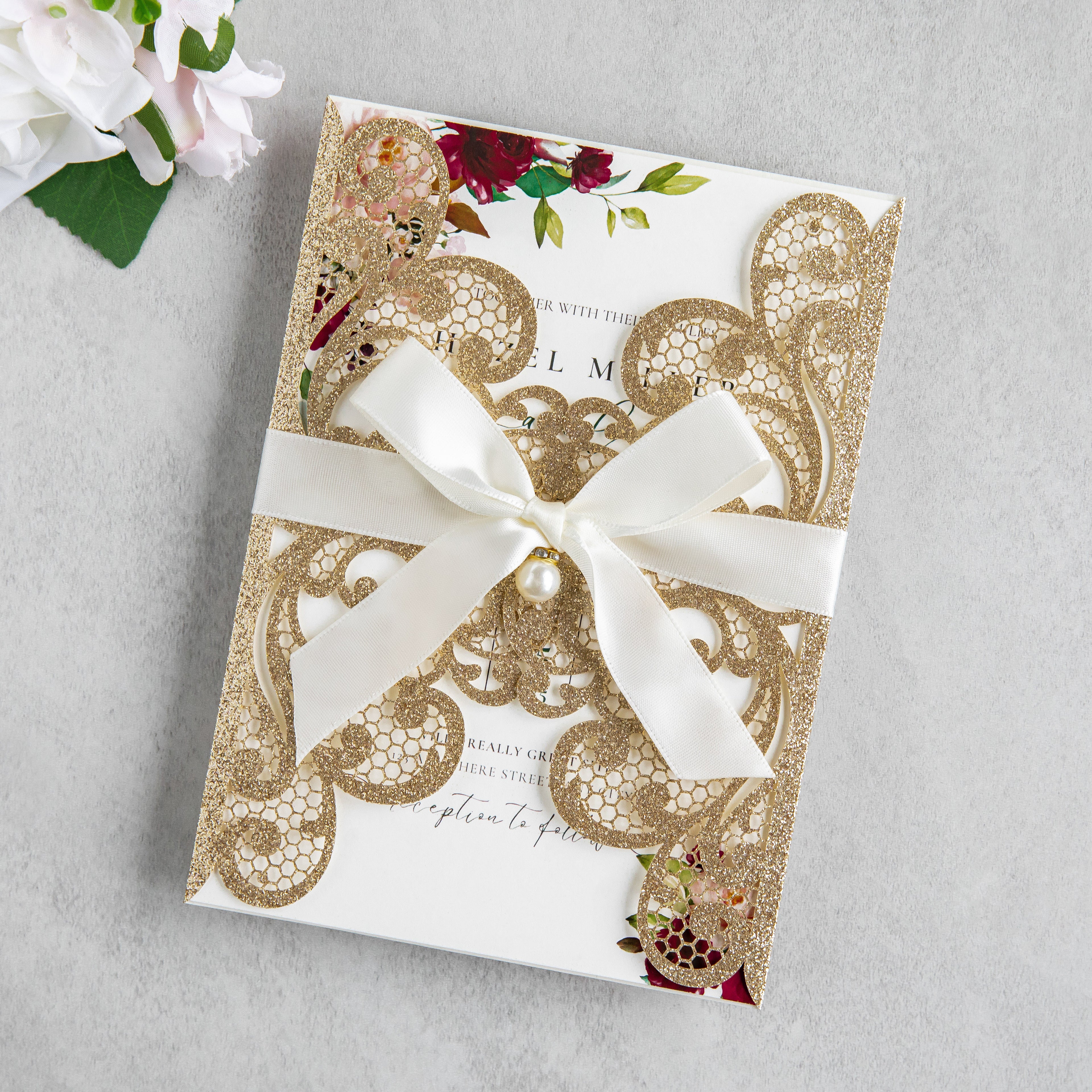 PONATIA 20 PCS Gold Glitter Laser Cut Invitation Cards with Ribbons and Rhinestone Pearls