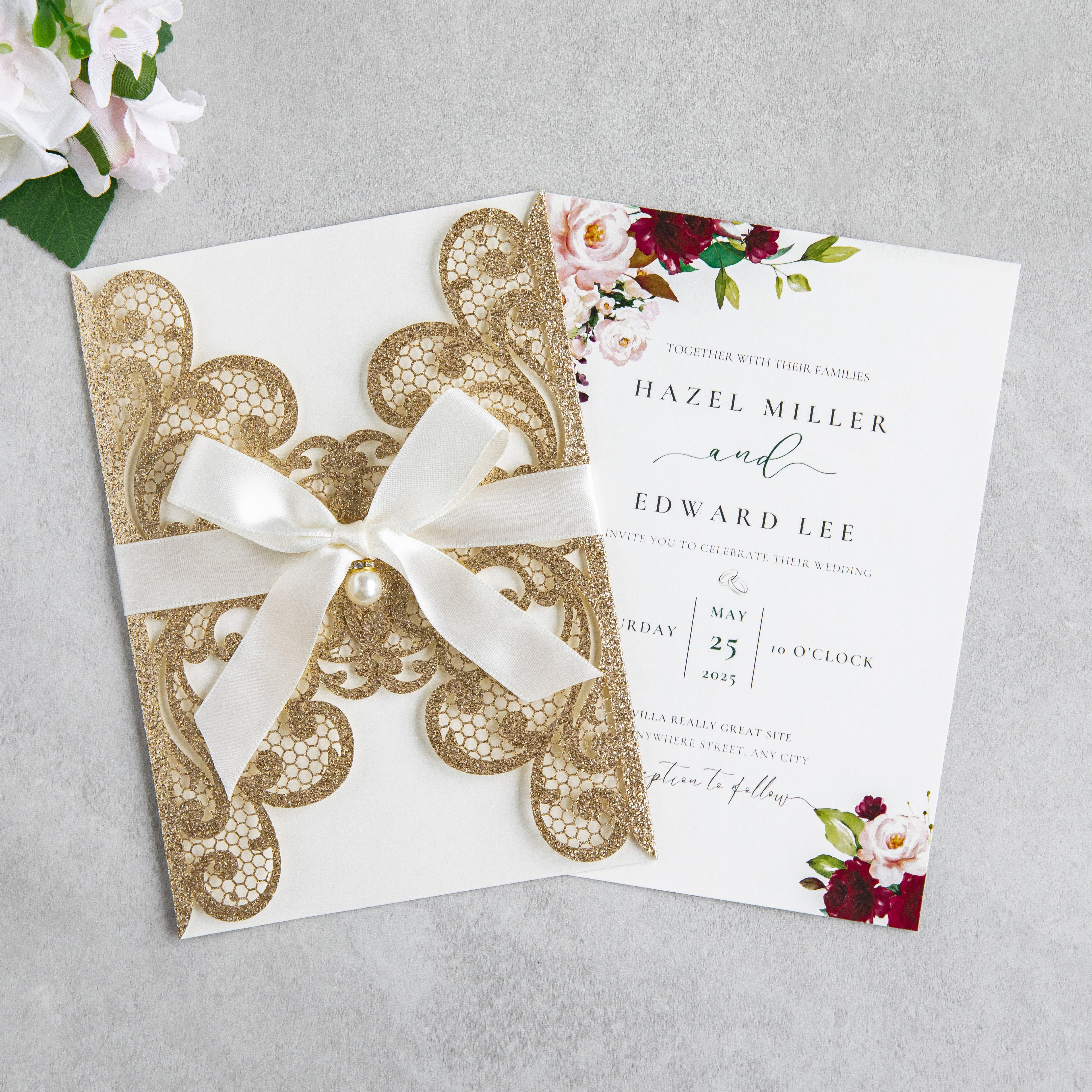 PONATIA 20 PCS Gold Glitter Laser Cut Invitation Cards with Ribbons and Rhinestone Pearls