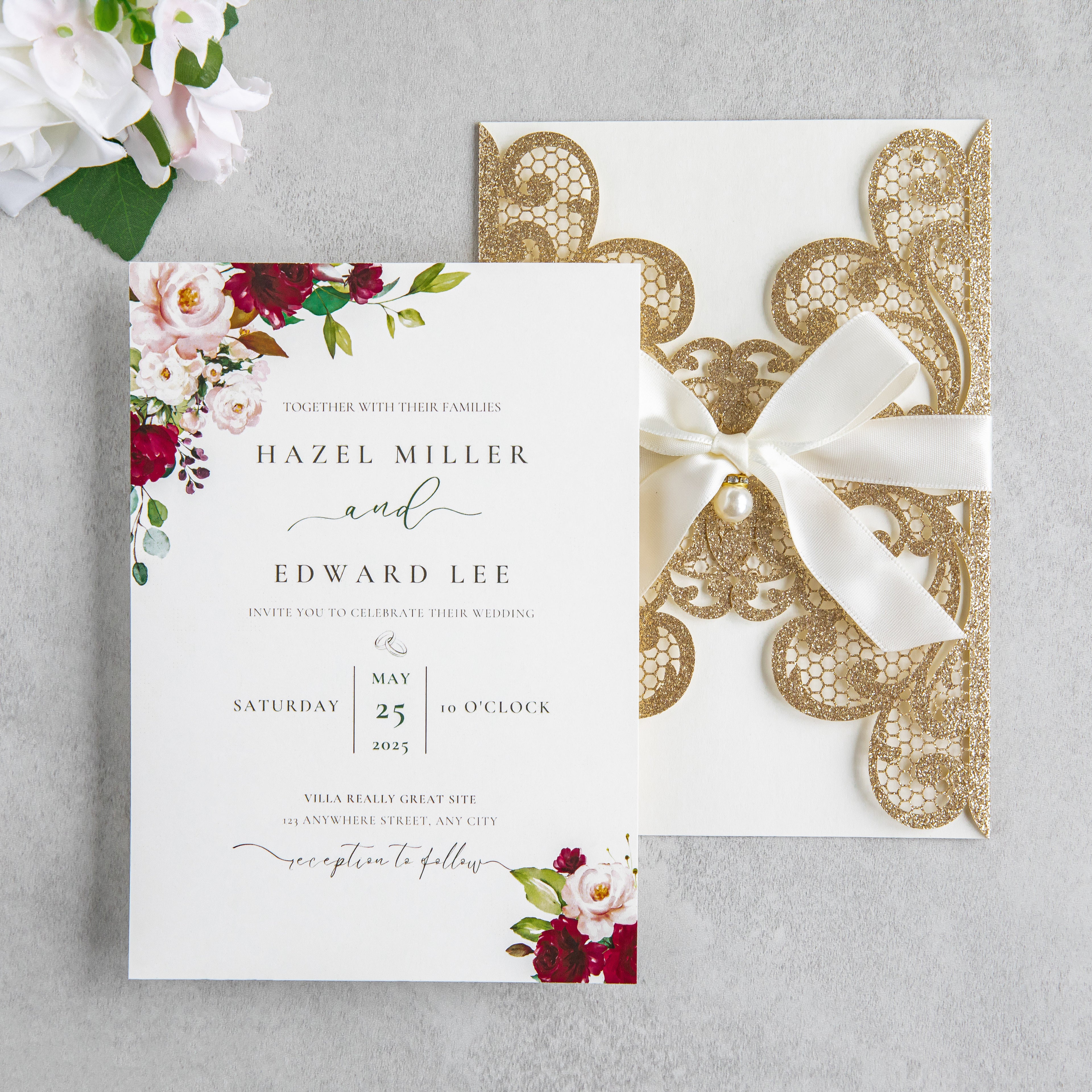 PONATIA 20 PCS Gold Glitter Laser Cut Invitation Cards with Ribbons and Rhinestone Pearls