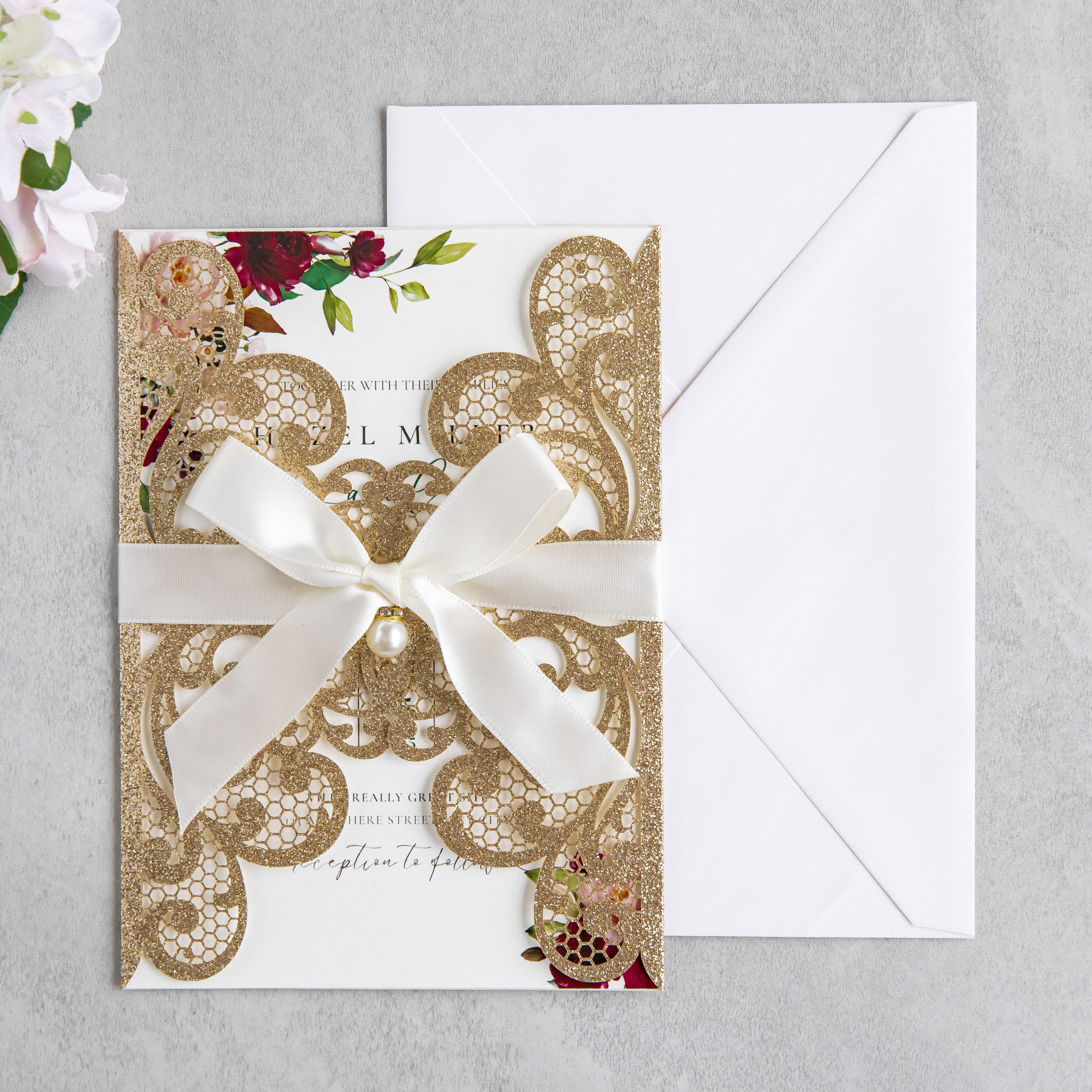 PONATIA 20 PCS Gold Glitter Laser Cut Invitation Cards with Ribbons and Rhinestone Pearls