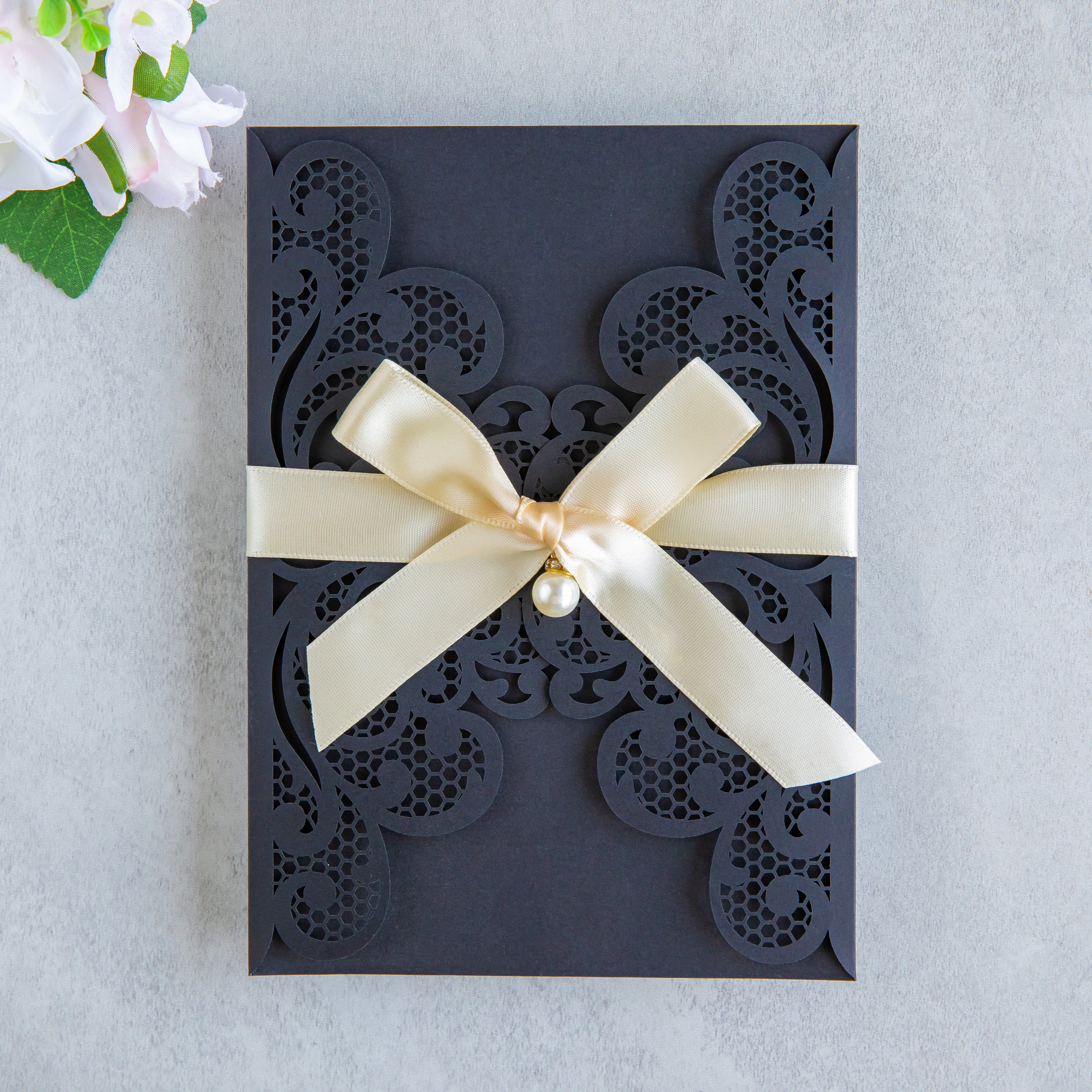 PONATIA 20 PCS Black Laser Cut Invitation Cards with Ribbons and Rhinestone Pearls