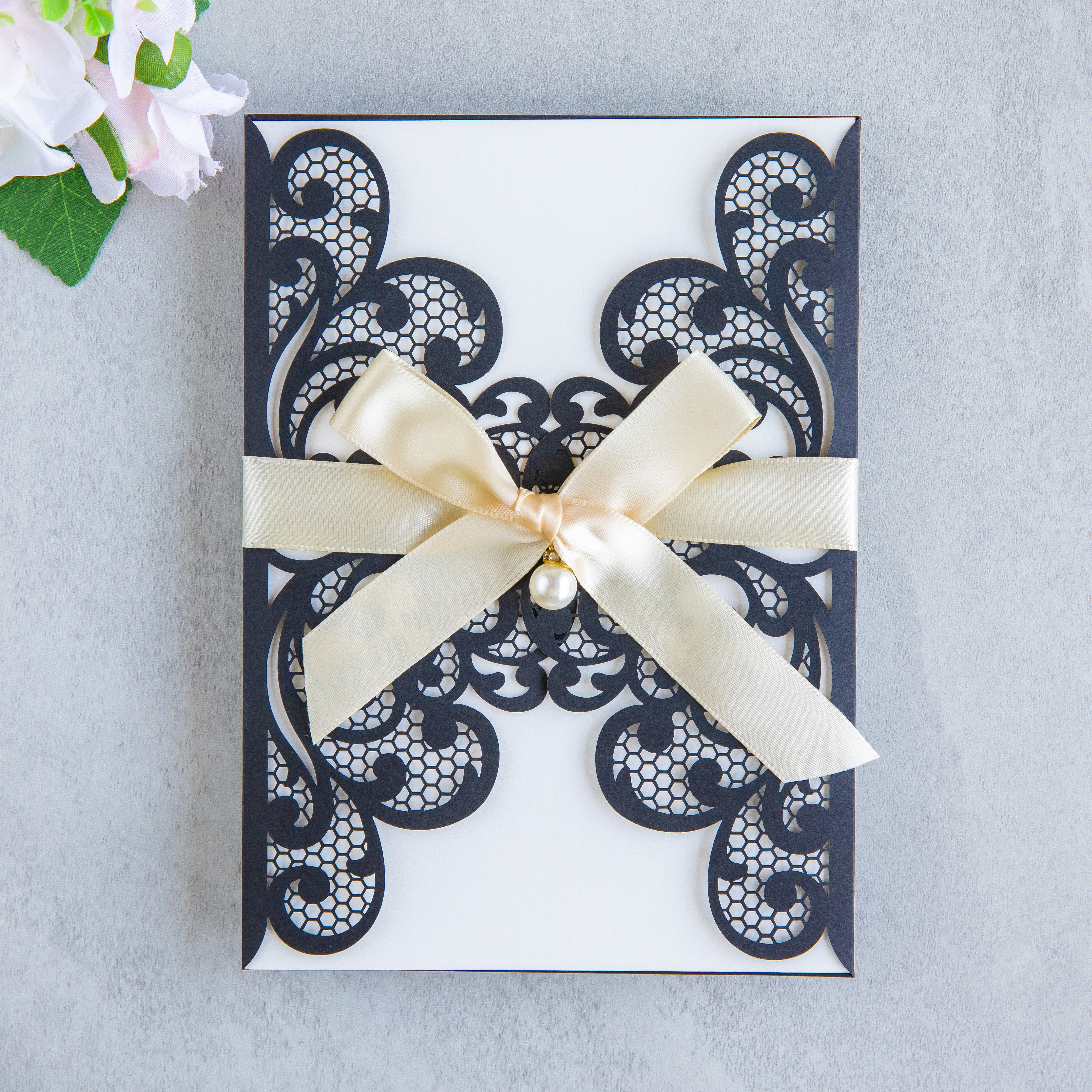 PONATIA 20 PCS Black Laser Cut Invitation Cards with Ribbons and Rhinestone Pearls