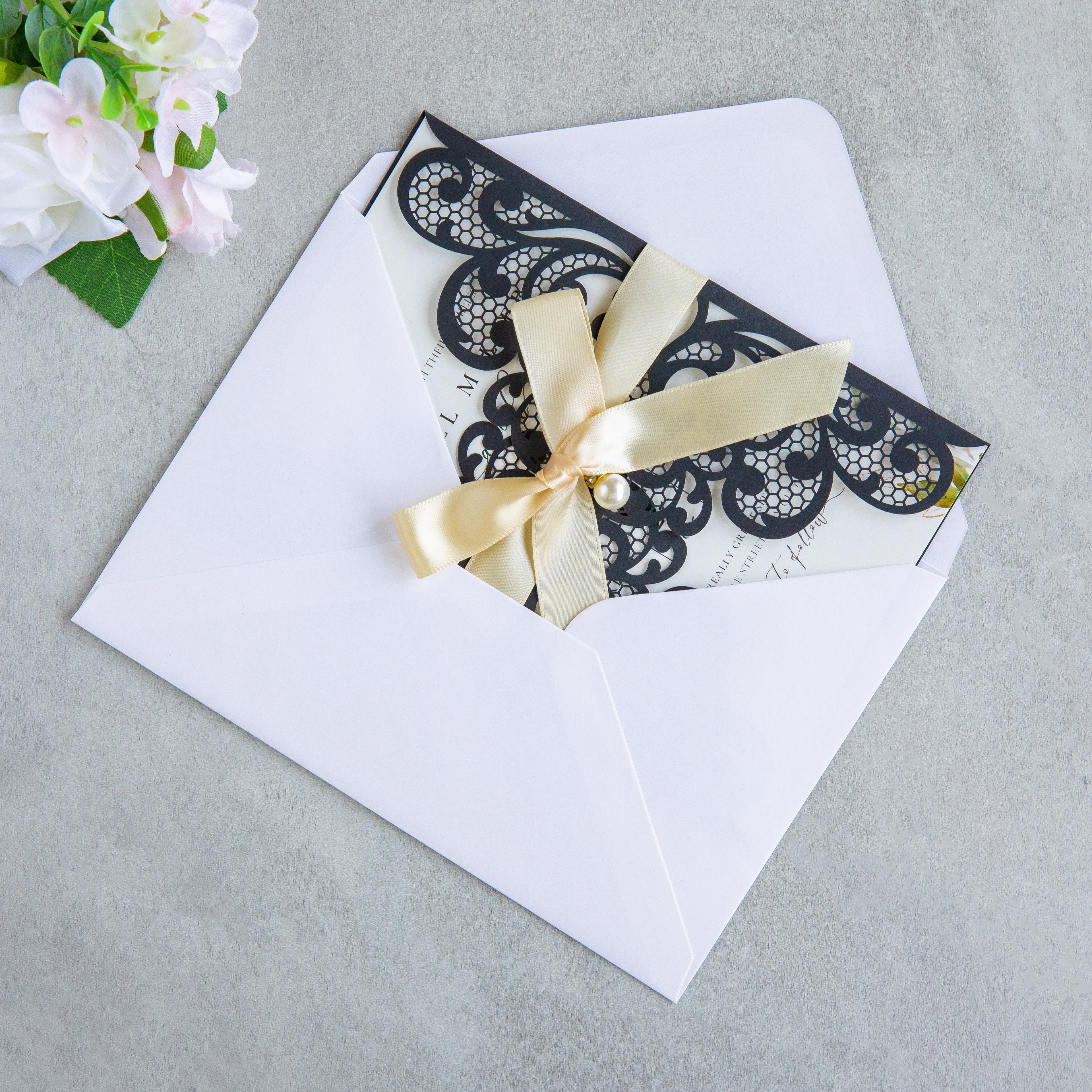 PONATIA 20 PCS Black Laser Cut Invitation Cards with Ribbons and Rhinestone Pearls