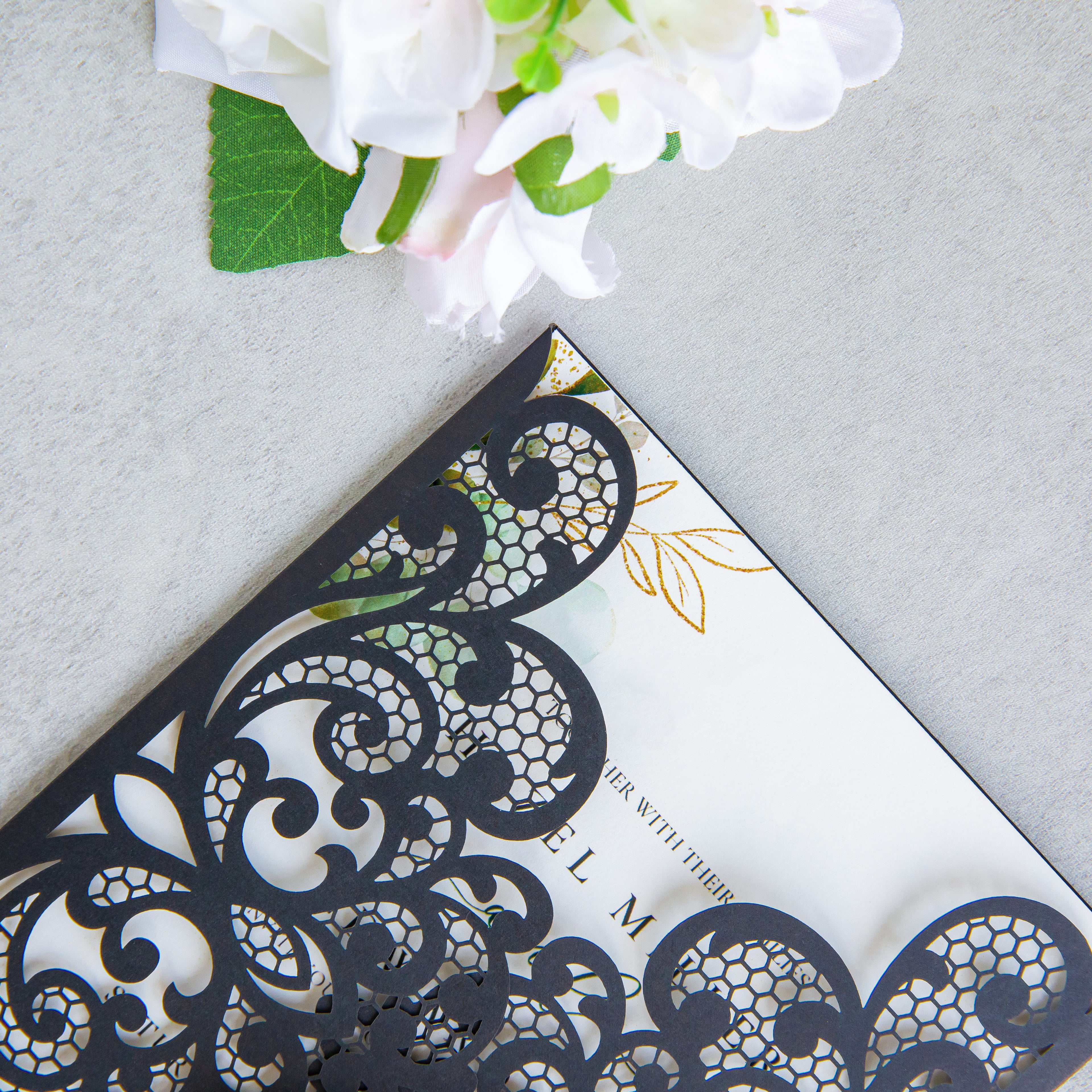 PONATIA 20 PCS Black Laser Cut Invitation Cards with Ribbons and Rhinestone Pearls