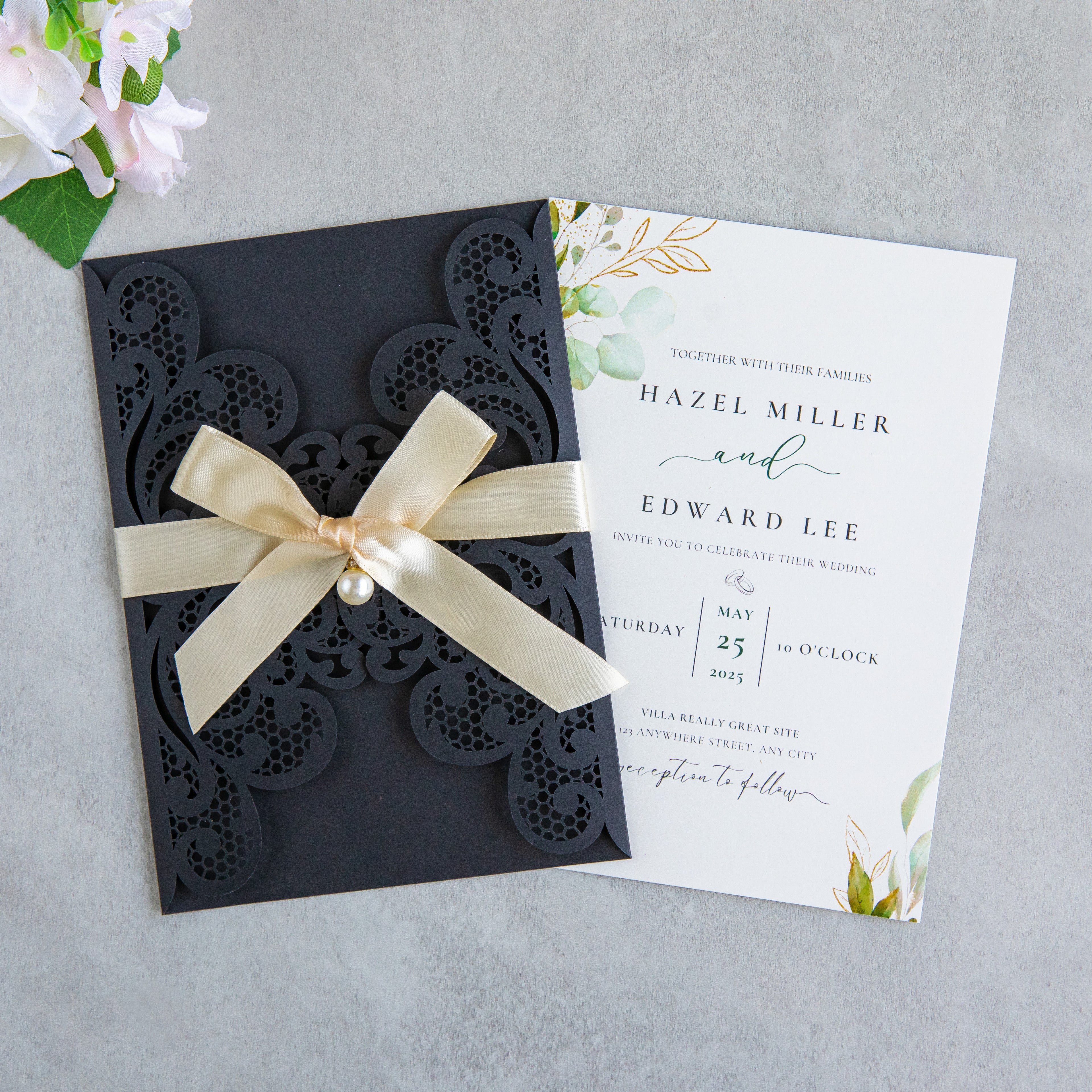 PONATIA 20 PCS Black Laser Cut Invitation Cards with Ribbons and Rhinestone Pearls