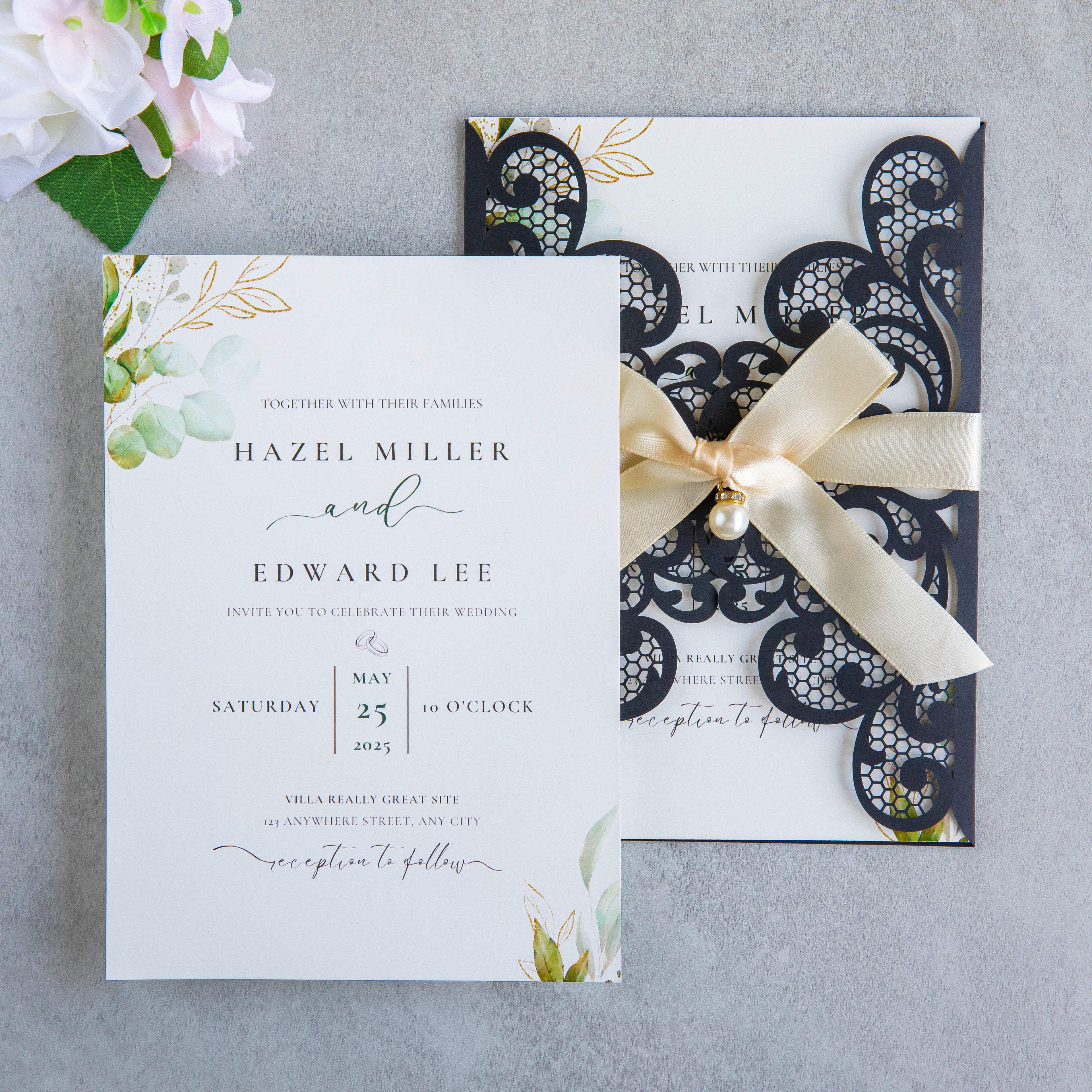 PONATIA 20 PCS Black Laser Cut Invitation Cards with Ribbons and Rhinestone Pearls
