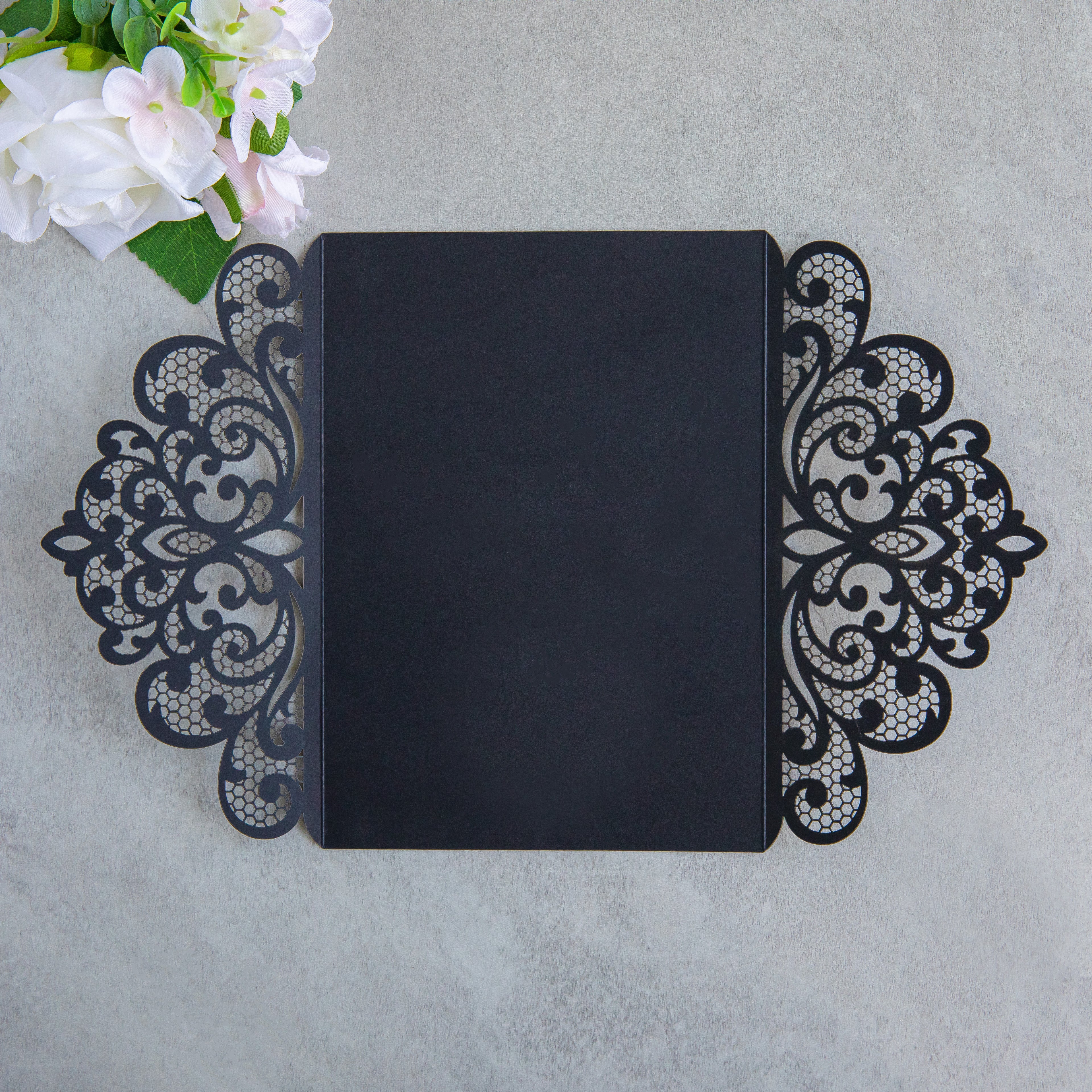 PONATIA 20 PCS Black Laser Cut Invitation Cards with Ribbons and Rhinestone Pearls