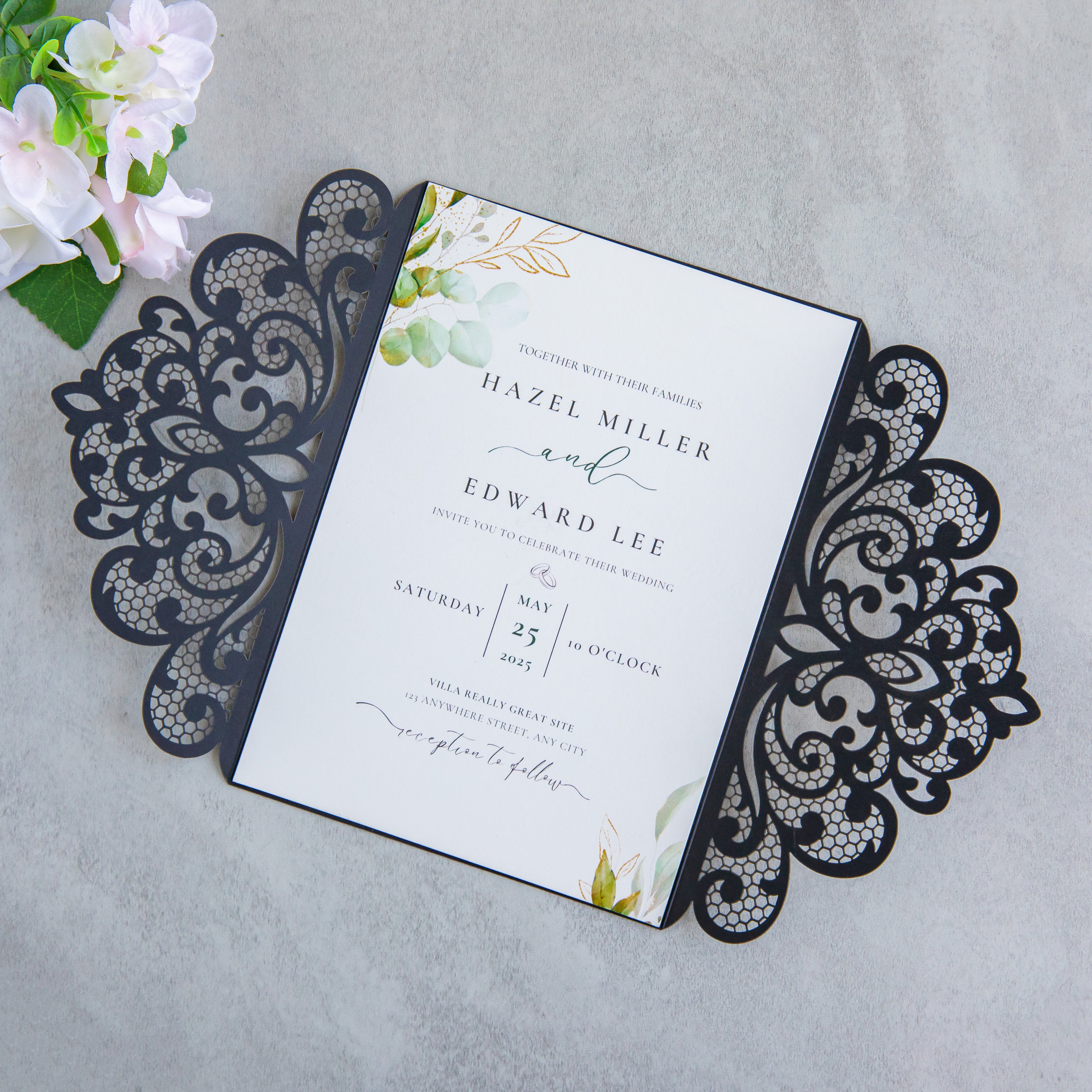PONATIA 20 PCS Black Laser Cut Invitation Cards with Ribbons and Rhinestone Pearls