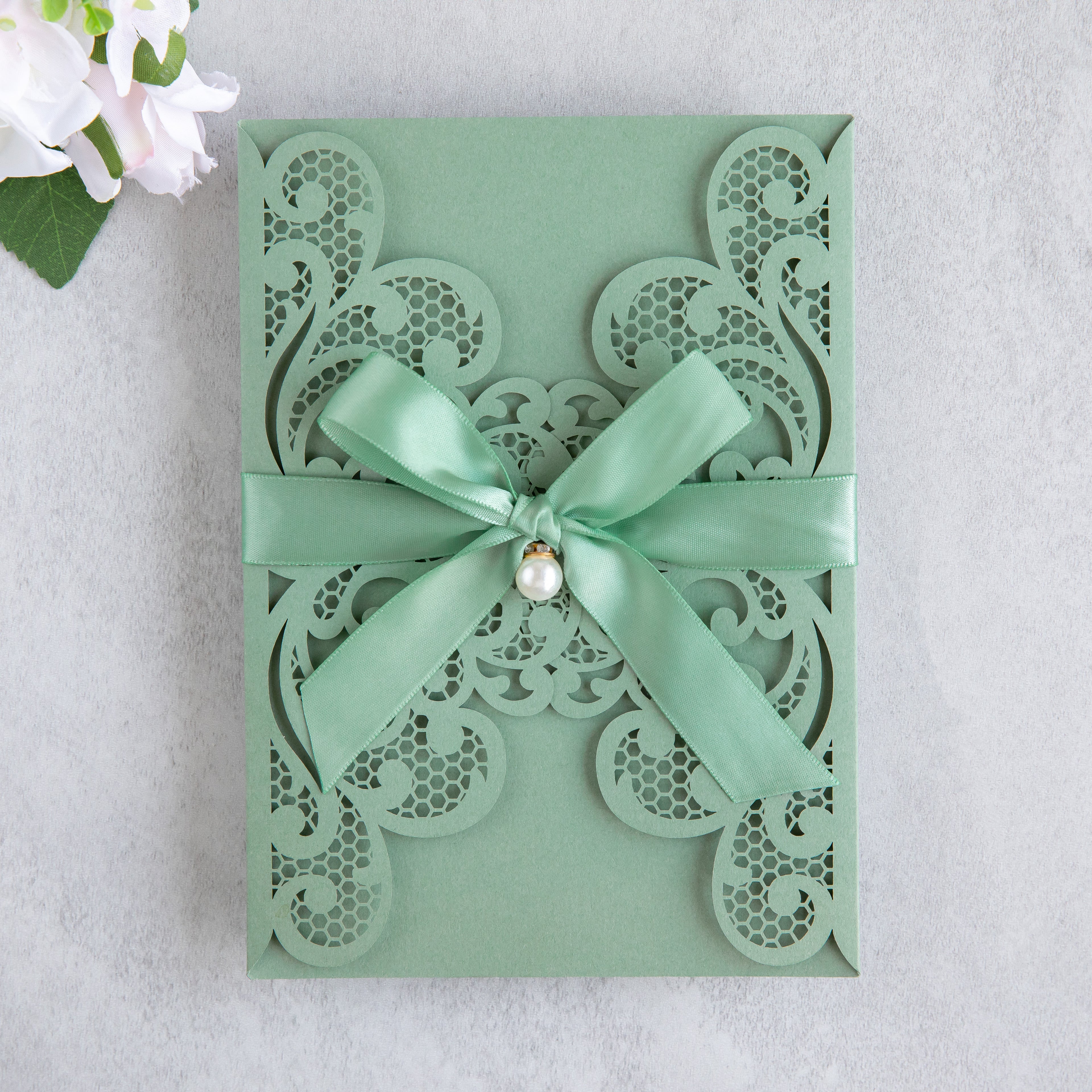 PONATIA 20 PCS Sage Green Laser Cut Invitation Cards with Ribbons and Rhinestone Pearls
