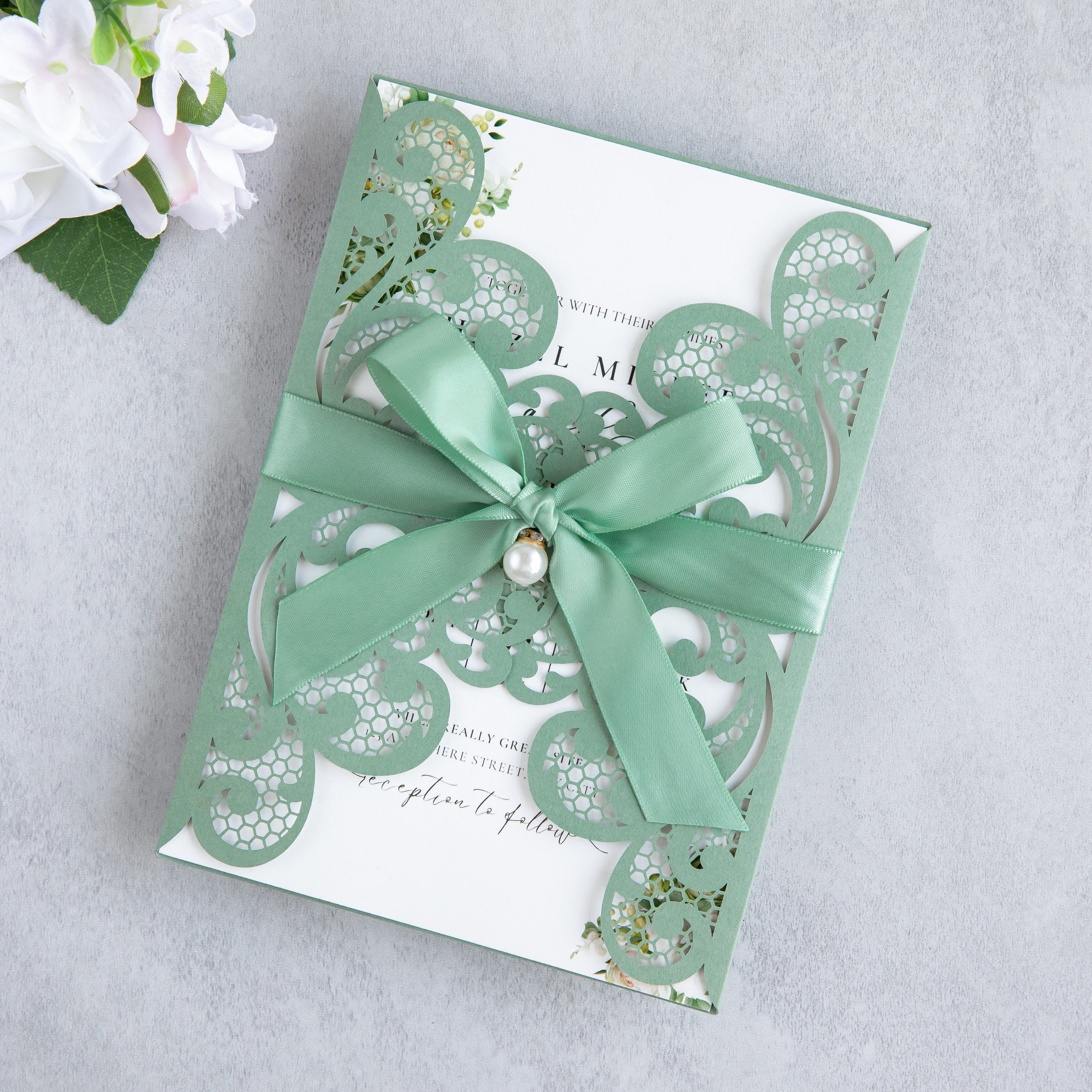 PONATIA 20 PCS Sage Green Laser Cut Invitation Cards with Ribbons and Rhinestone Pearls