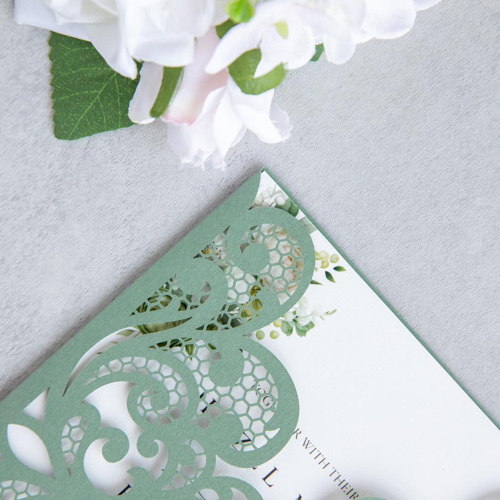 PONATIA 20 PCS Sage Green Laser Cut Invitation Cards with Ribbons and Rhinestone Pearls