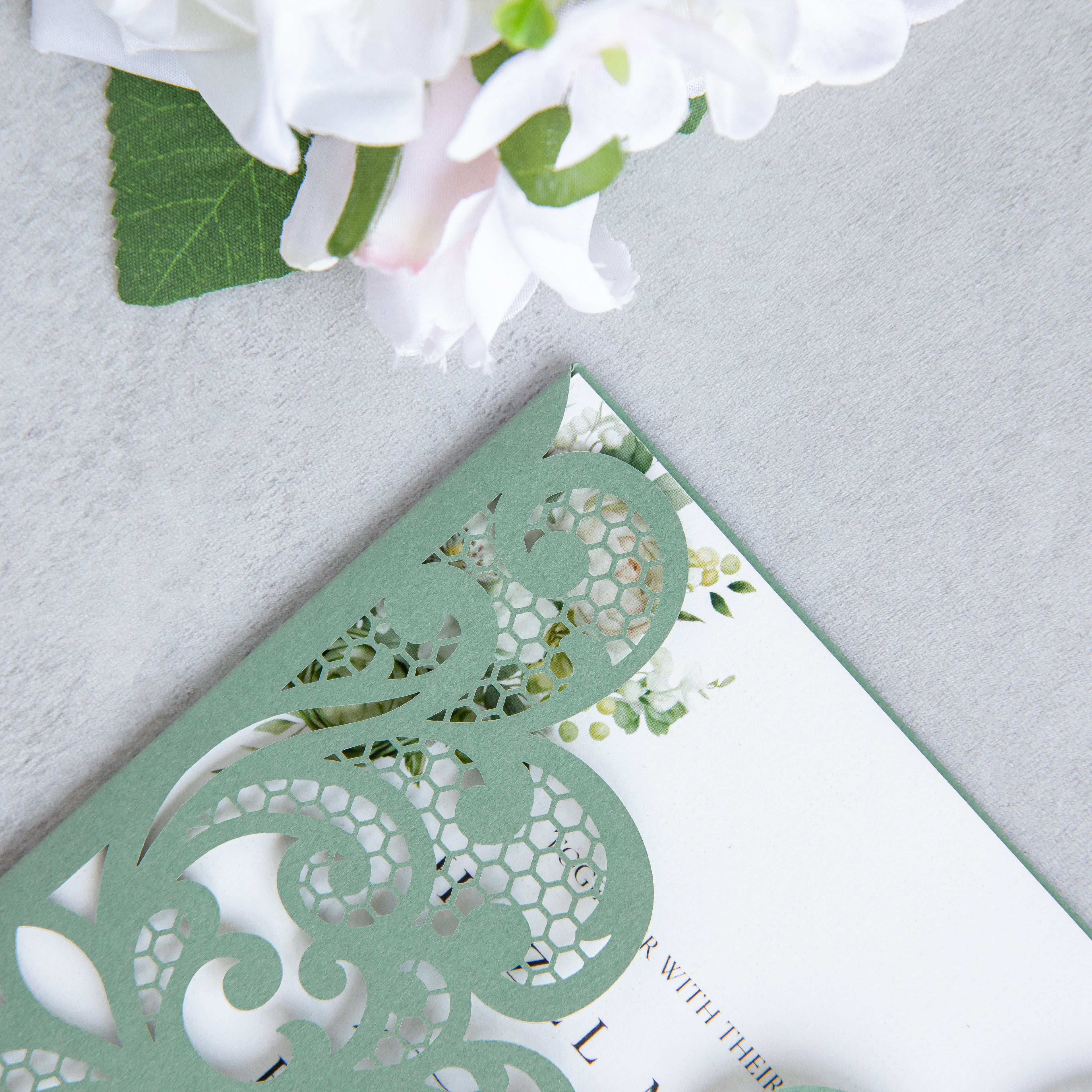 PONATIA 20 PCS Sage Green Laser Cut Invitation Cards with Ribbons and Rhinestone Pearls