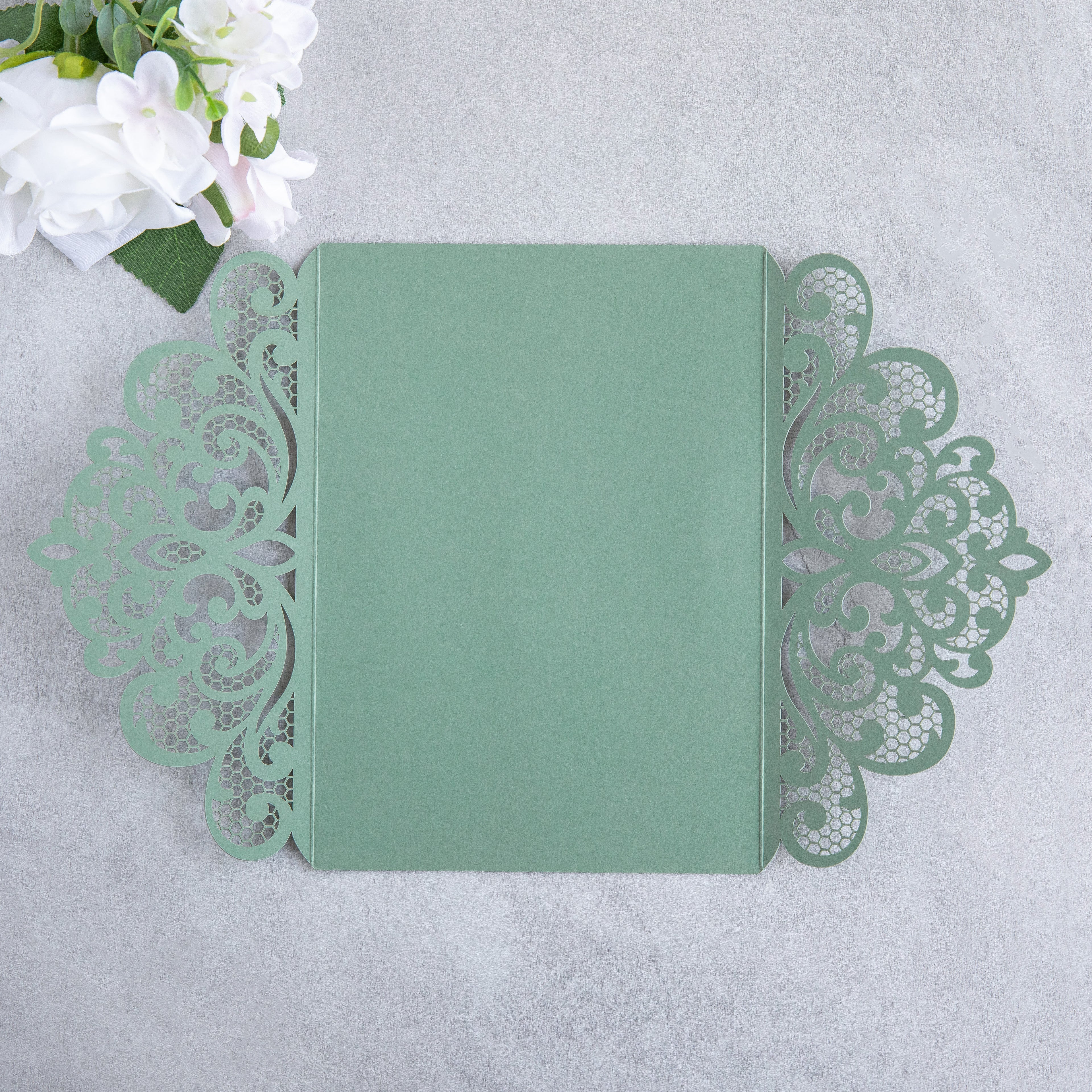 PONATIA 20 PCS Sage Green Laser Cut Invitation Cards with Ribbons and Rhinestone Pearls