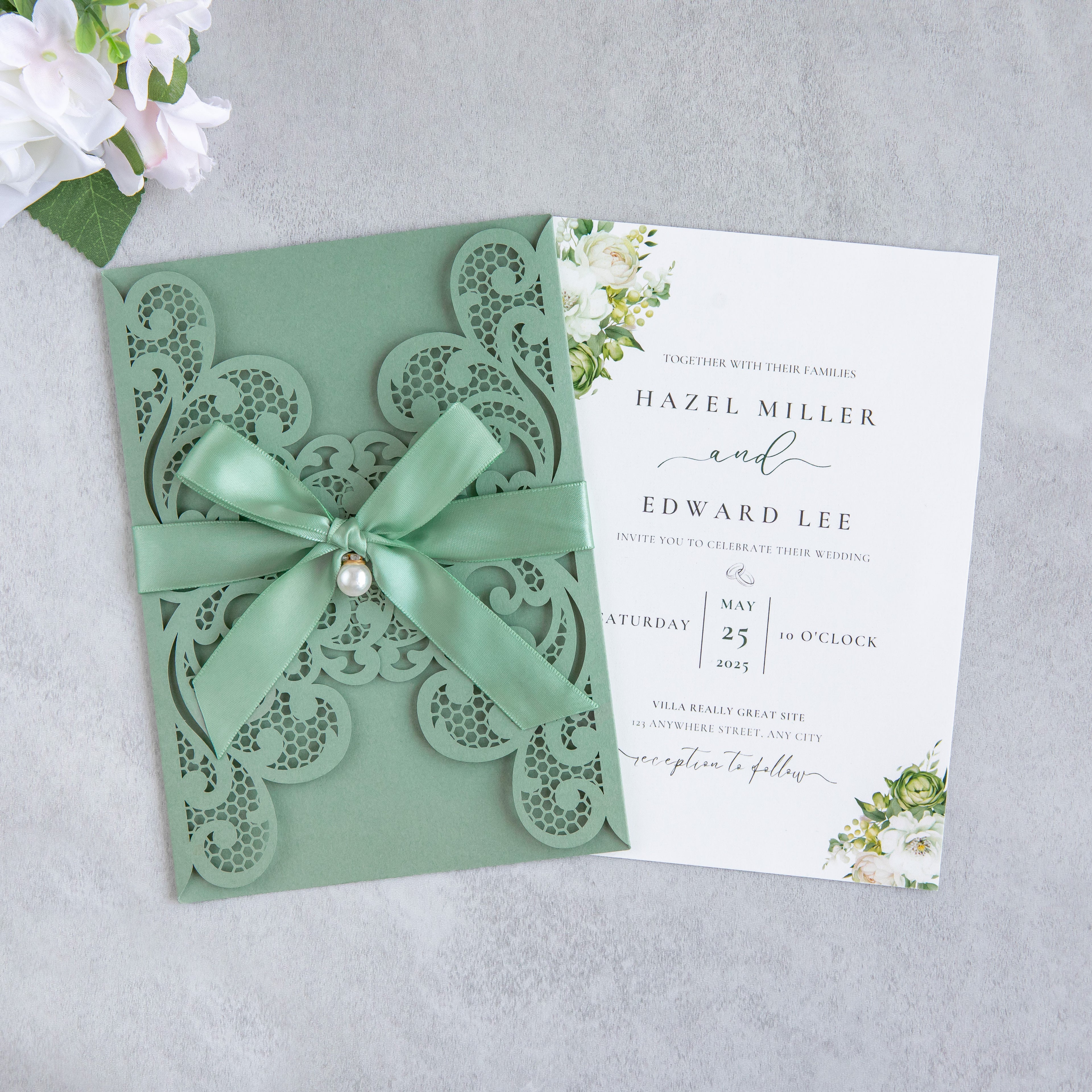 PONATIA 20 PCS Sage Green Laser Cut Invitation Cards with Ribbons and Rhinestone Pearls