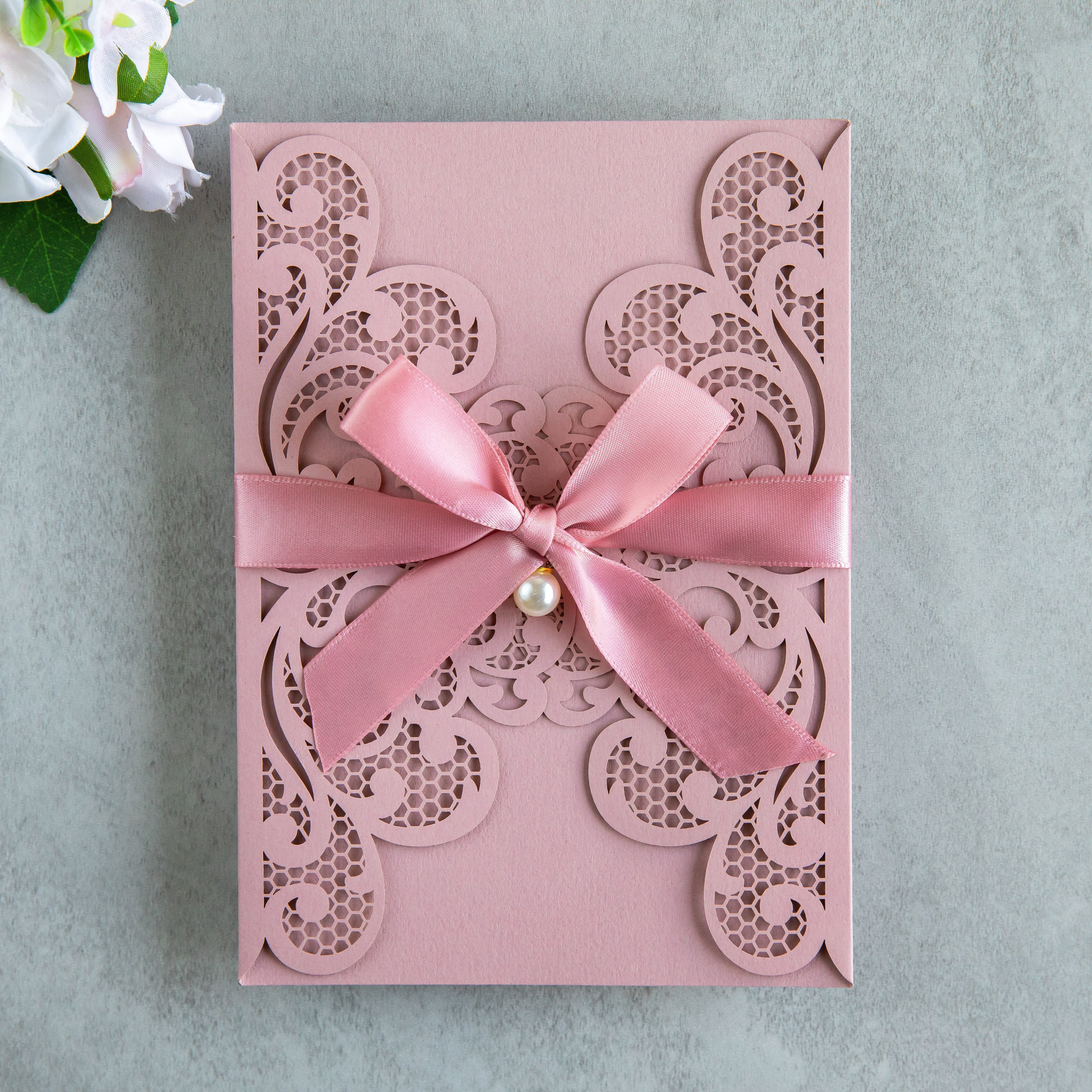 PONATIA 20 PCS Dusty Rose Laser Cut Invitation Cards with Ribbons and Rhinestone Pearls
