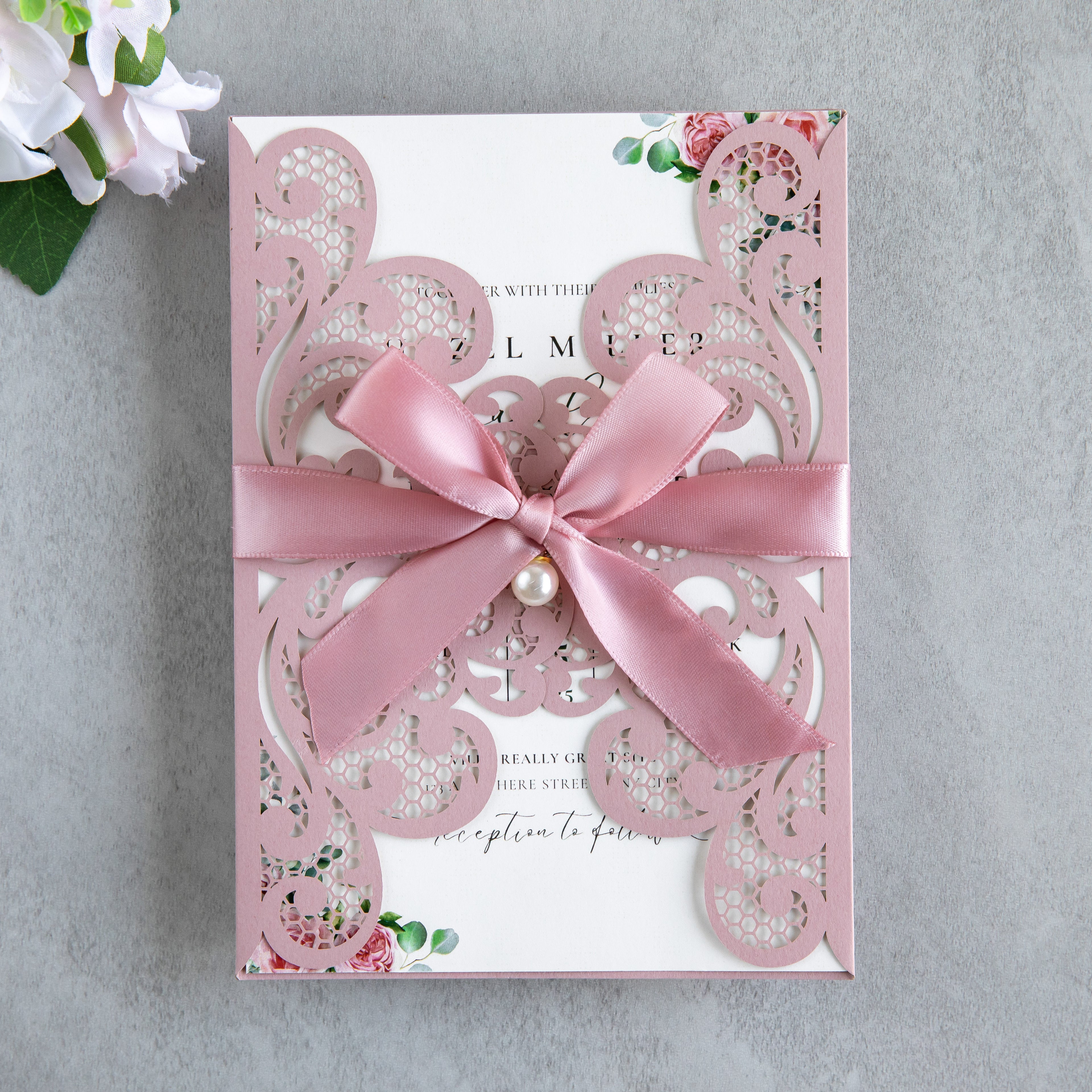 PONATIA 20 PCS Dusty Rose Laser Cut Invitation Cards with Ribbons and Rhinestone Pearls