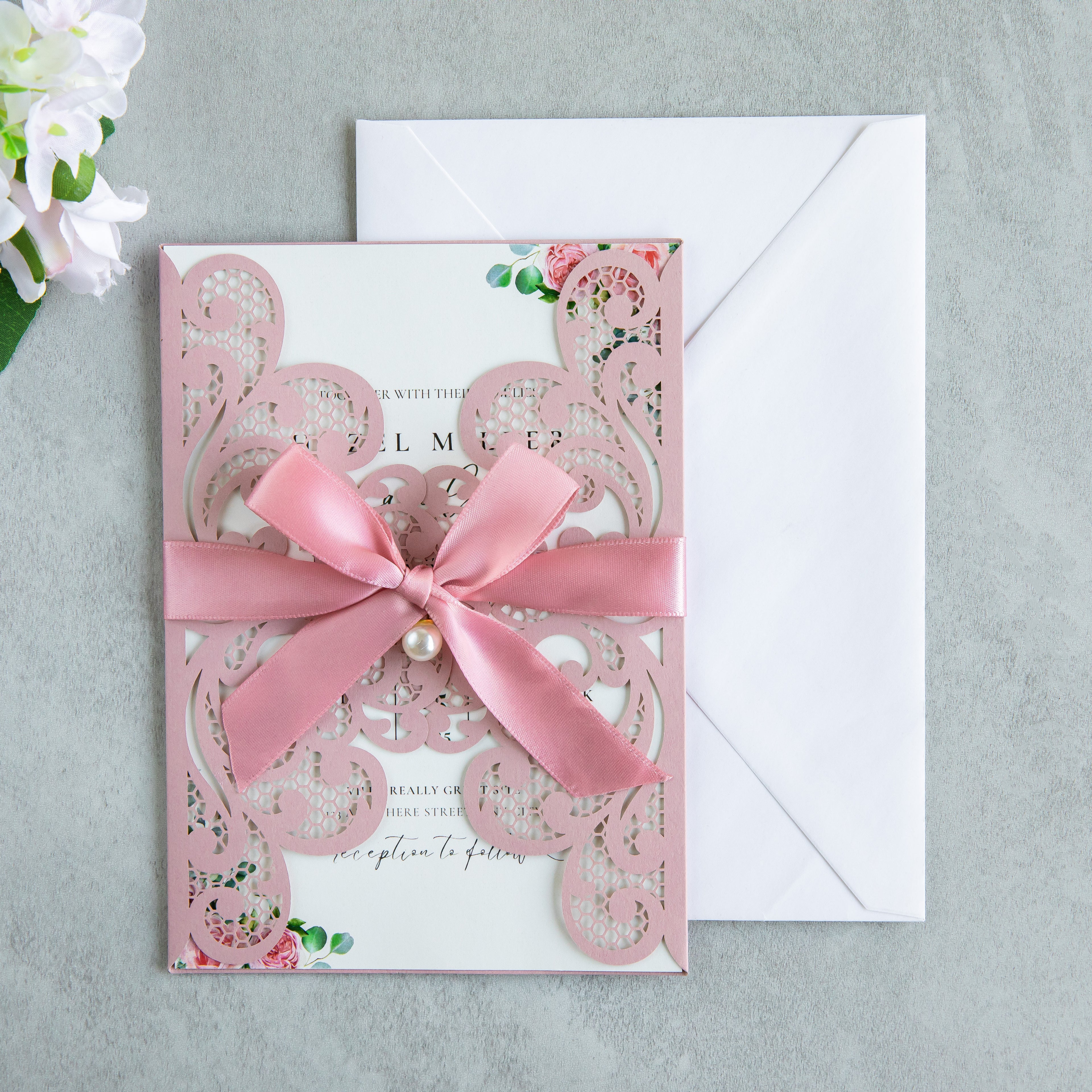 PONATIA 20 PCS Dusty Rose Laser Cut Invitation Cards with Ribbons and Rhinestone Pearls