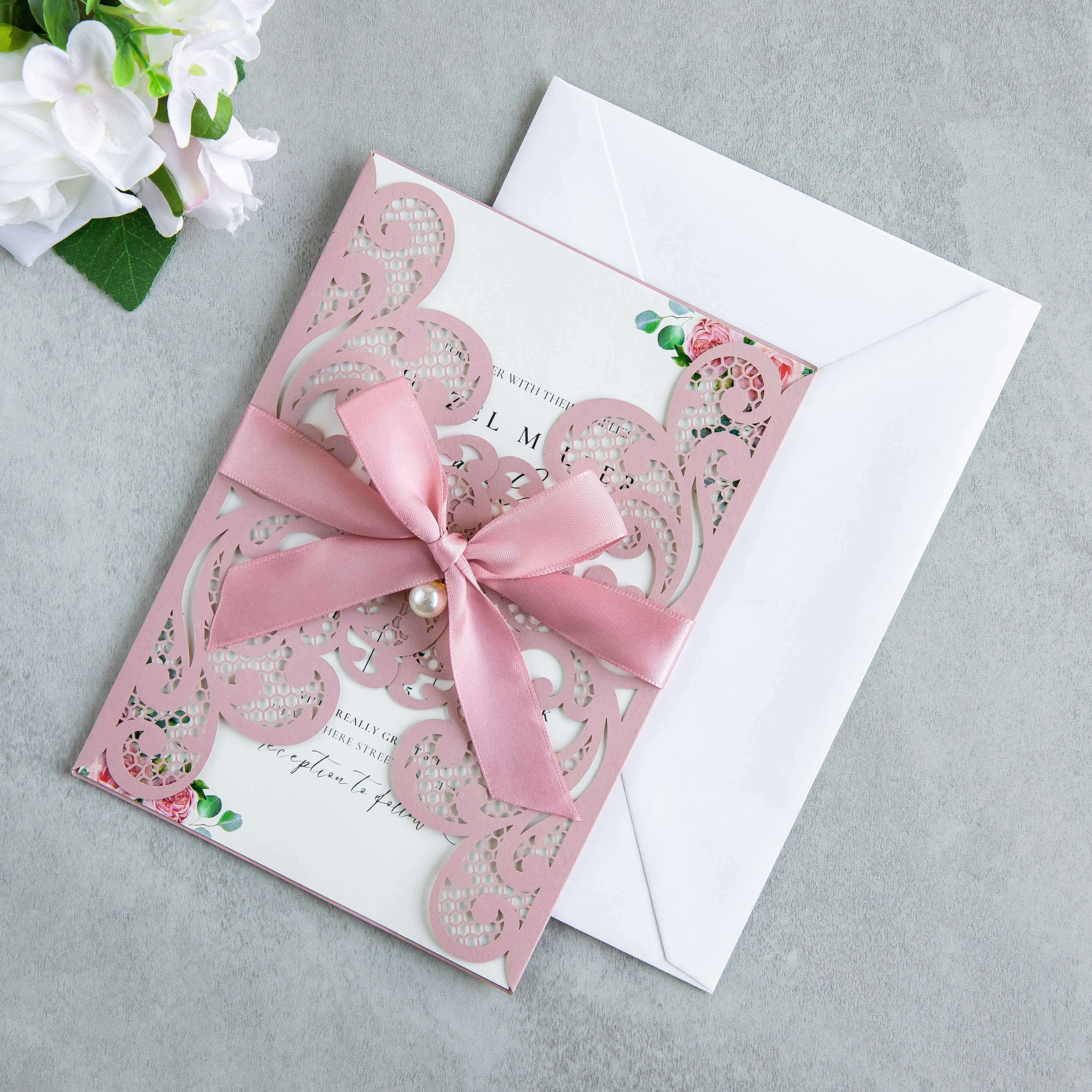 PONATIA 20 PCS Dusty Rose Laser Cut Invitation Cards with Ribbons and Rhinestone Pearls