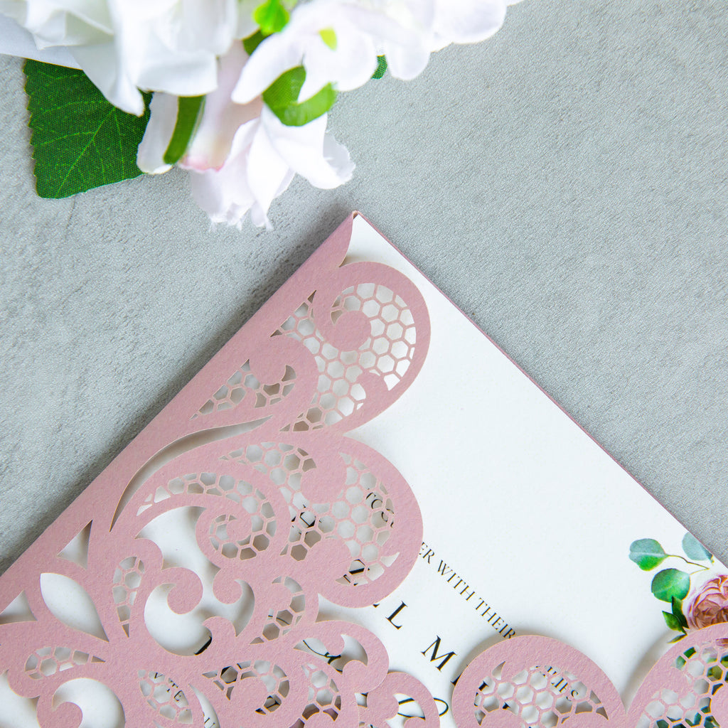 PONATIA 20 PCS Dusty Rose Laser Cut Invitation Cards with Ribbons and Rhinestone Pearls