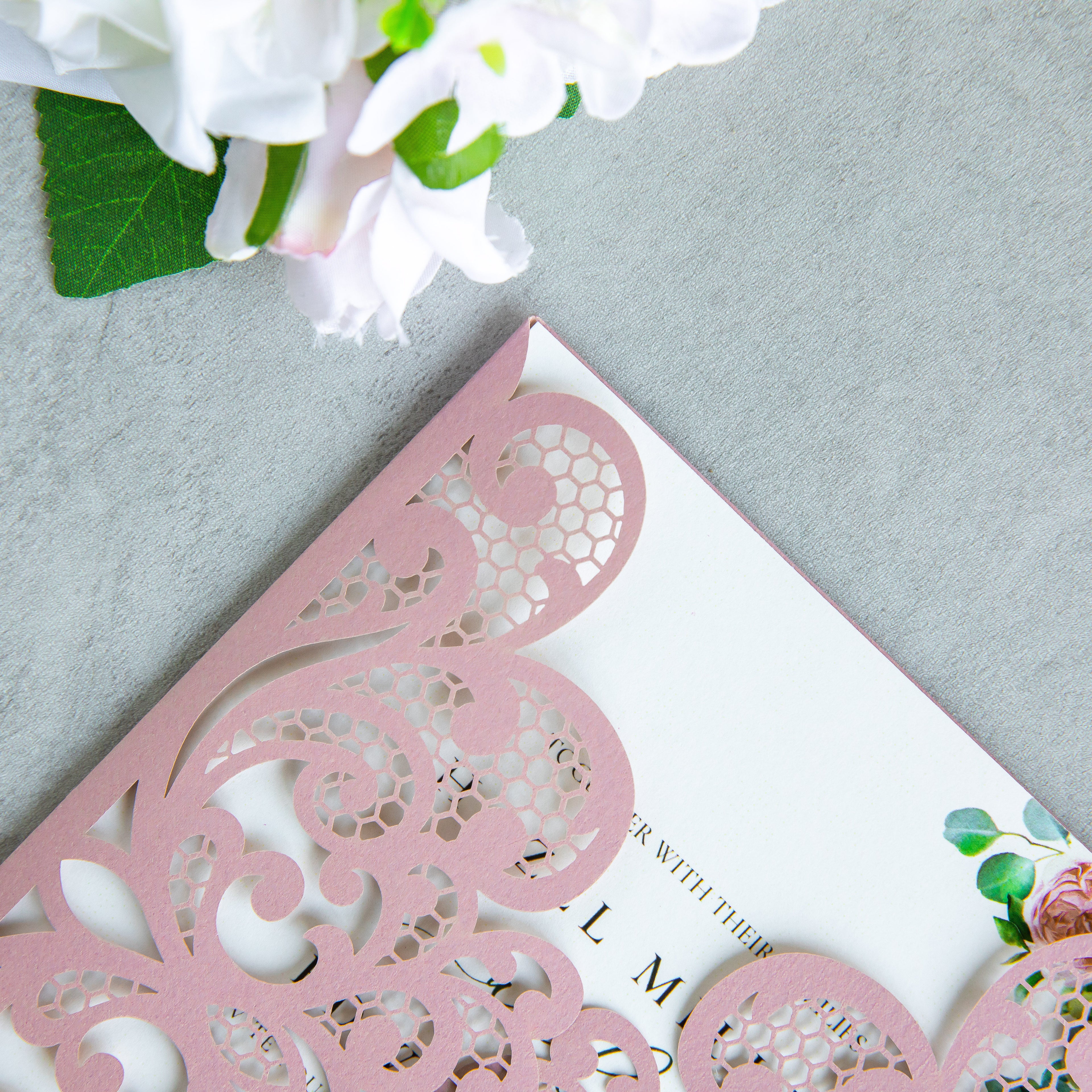 PONATIA 20 PCS Dusty Rose Laser Cut Invitation Cards with Ribbons and Rhinestone Pearls