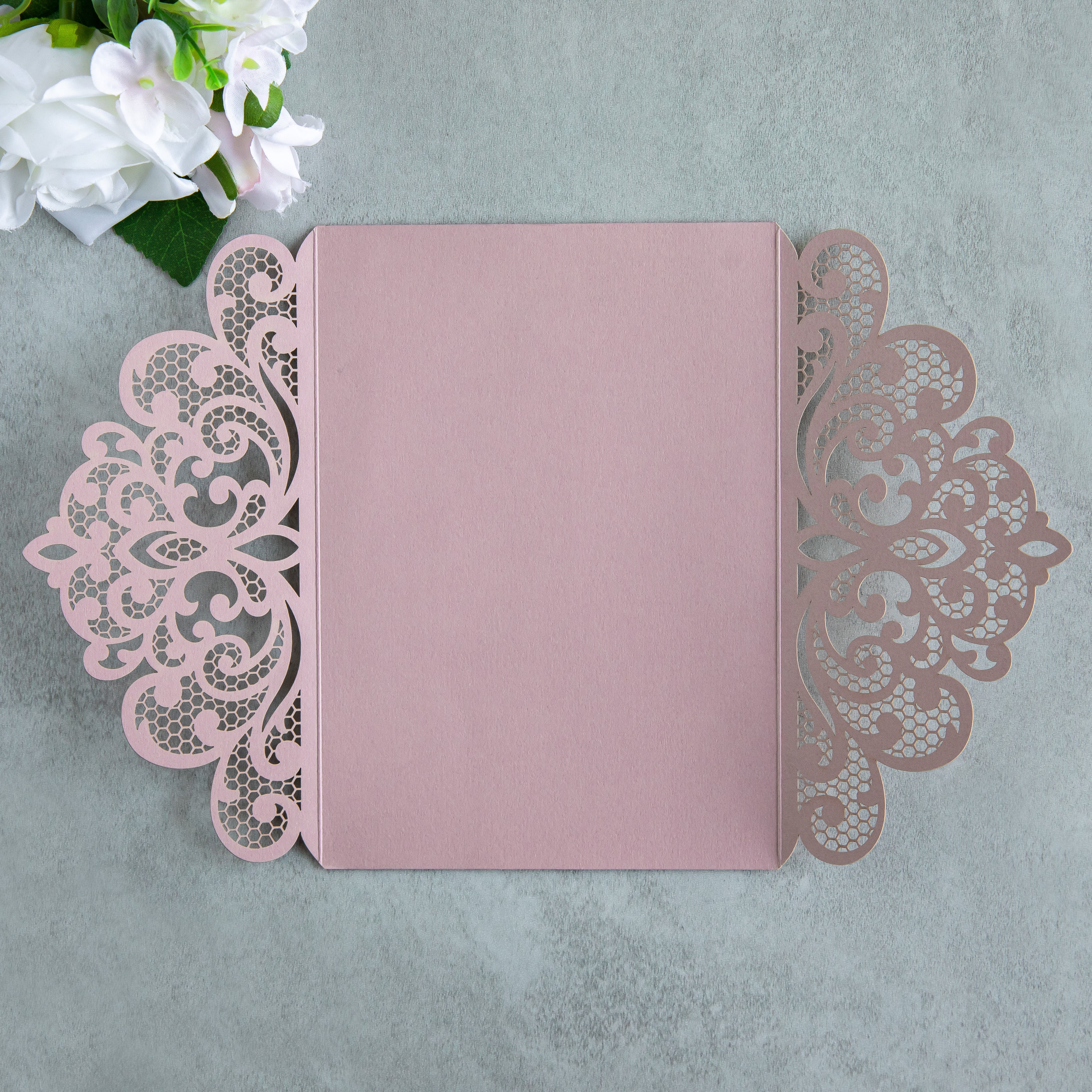 PONATIA 20 PCS Dusty Rose Laser Cut Invitation Cards with Ribbons and Rhinestone Pearls