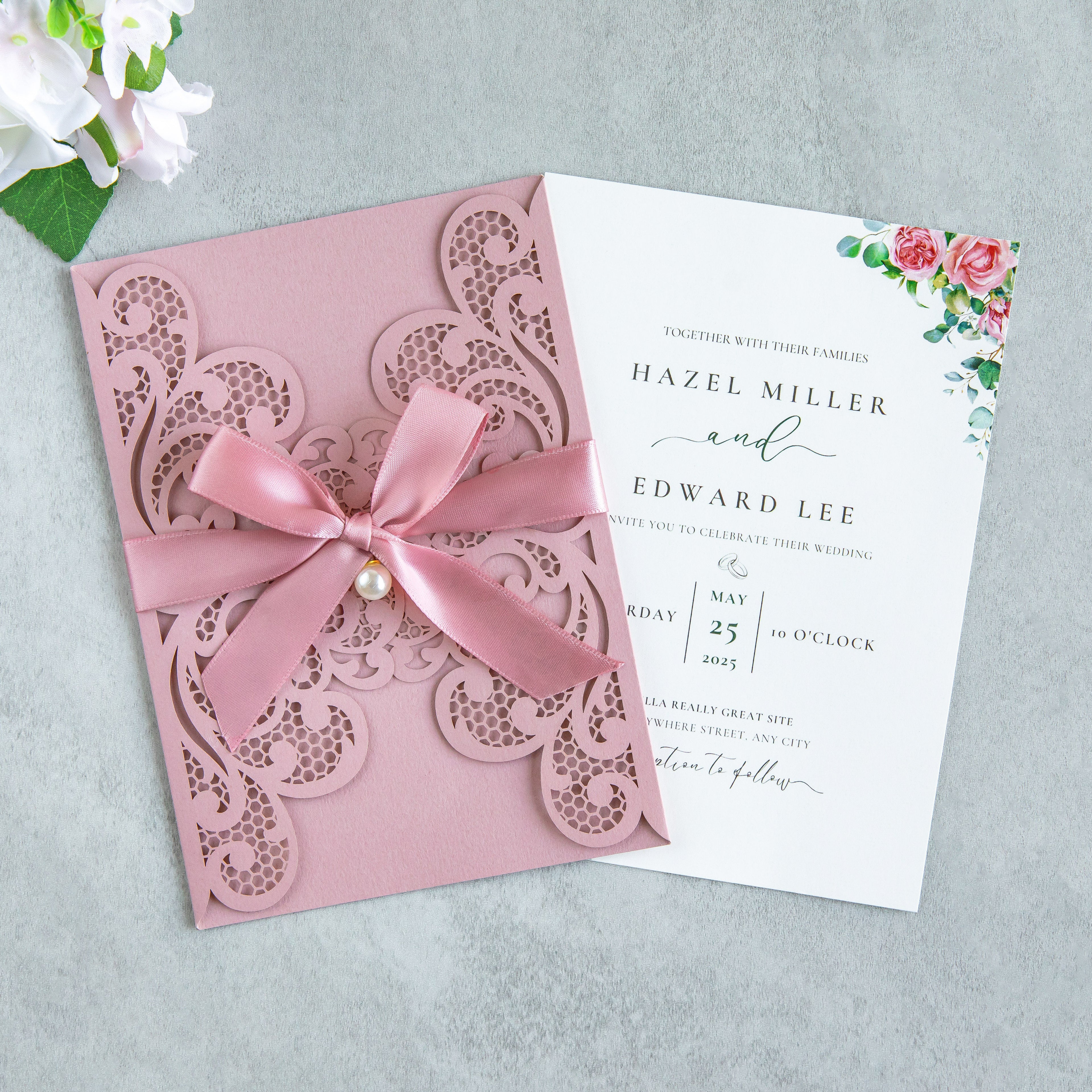 PONATIA 20 PCS Dusty Rose Laser Cut Invitation Cards with Ribbons and Rhinestone Pearls