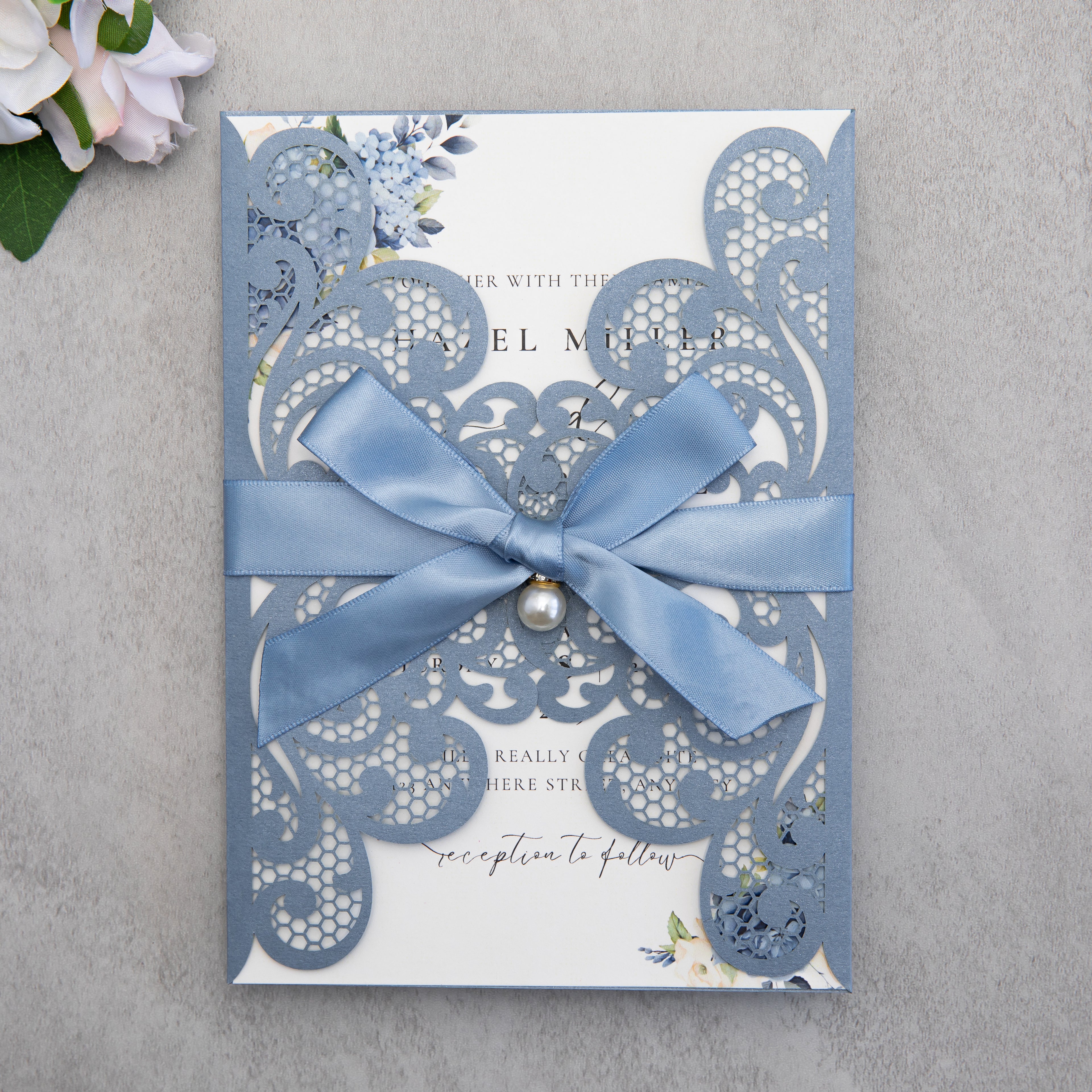 PONATIA 20 PCS Dusty Blue Laser Cut Invitation Cards with Ribbons and Rhinestone Pearls