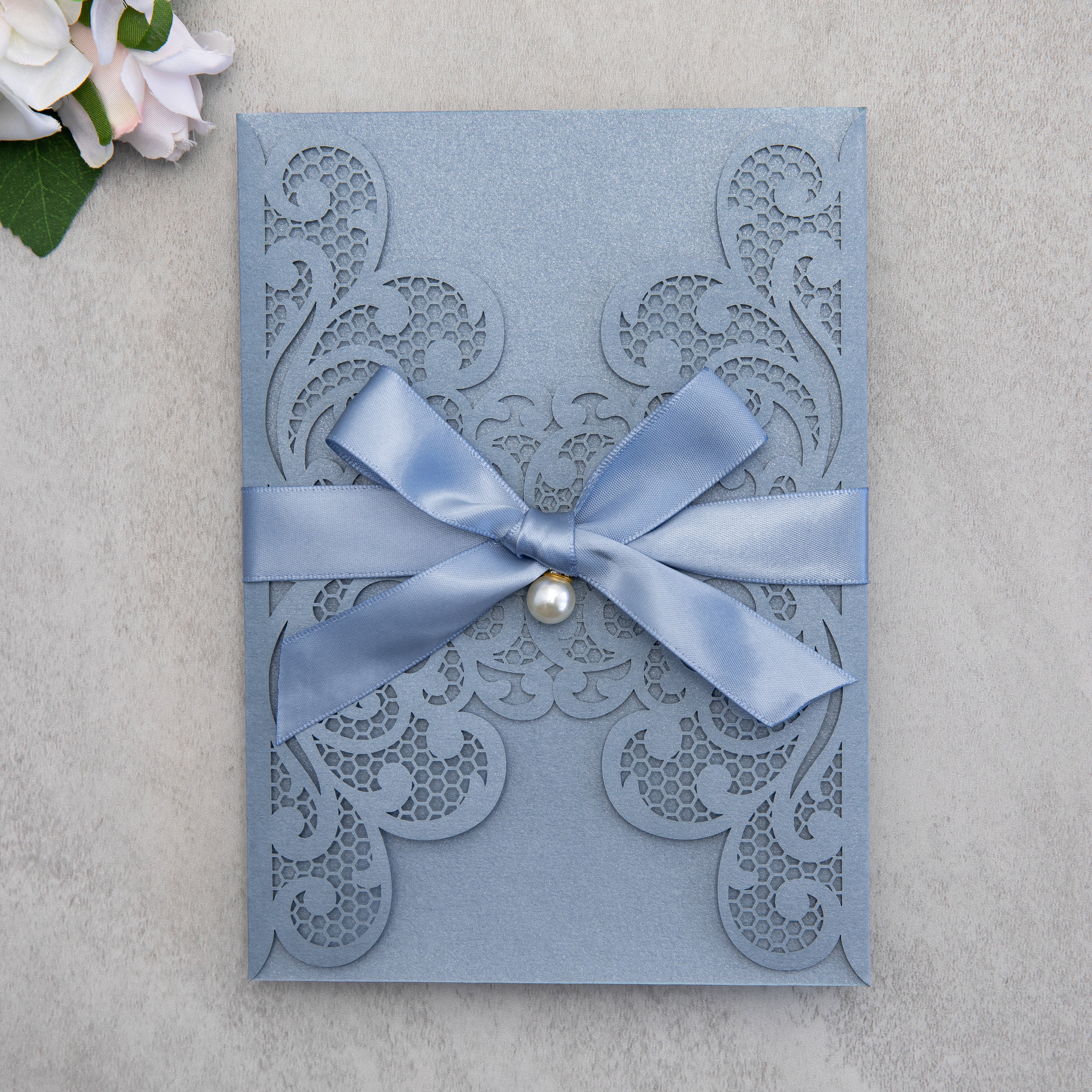 PONATIA 20 PCS Dusty Blue Laser Cut Invitation Cards with Ribbons and Rhinestone Pearls