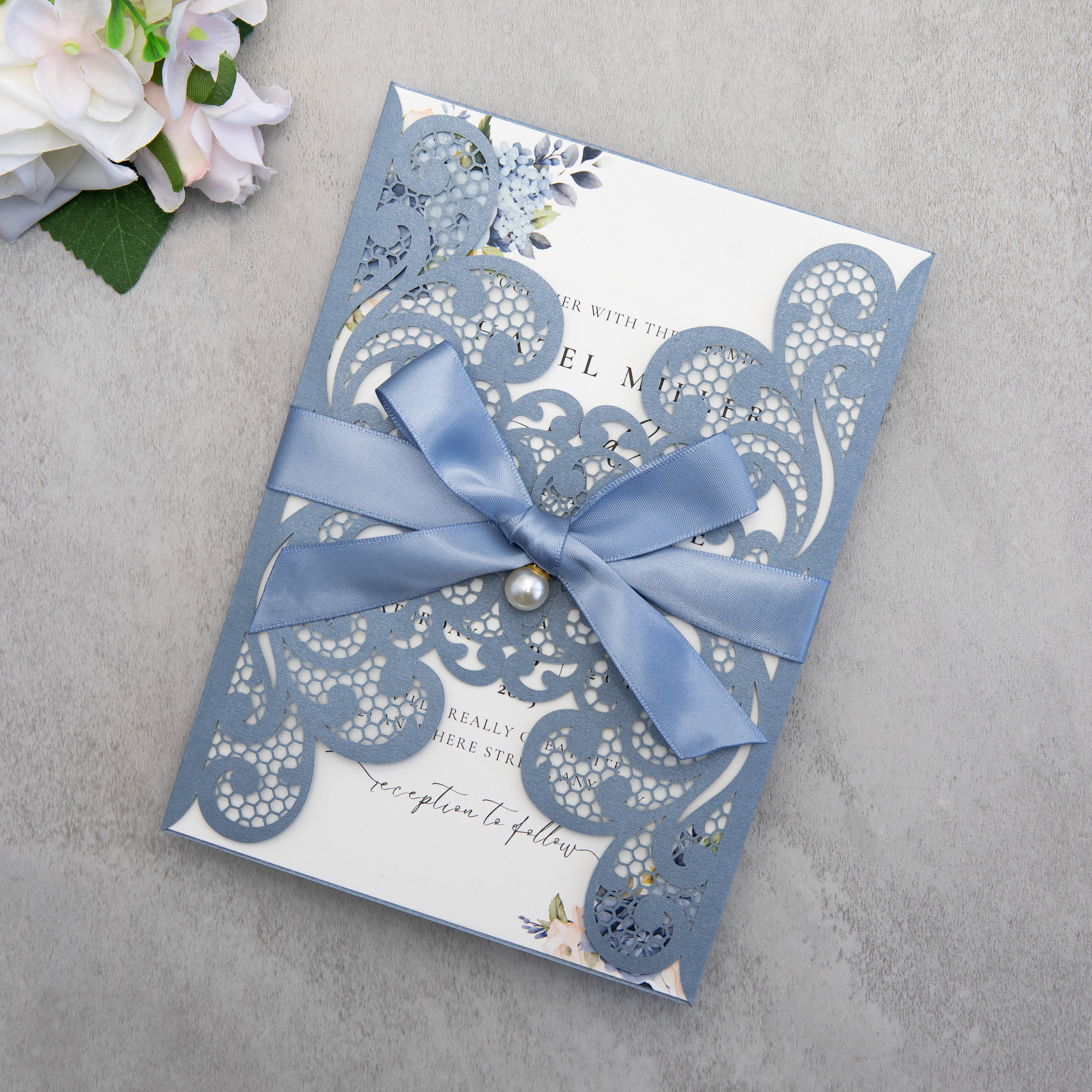 PONATIA 20 PCS Dusty Blue Laser Cut Invitation Cards with Ribbons and Rhinestone Pearls