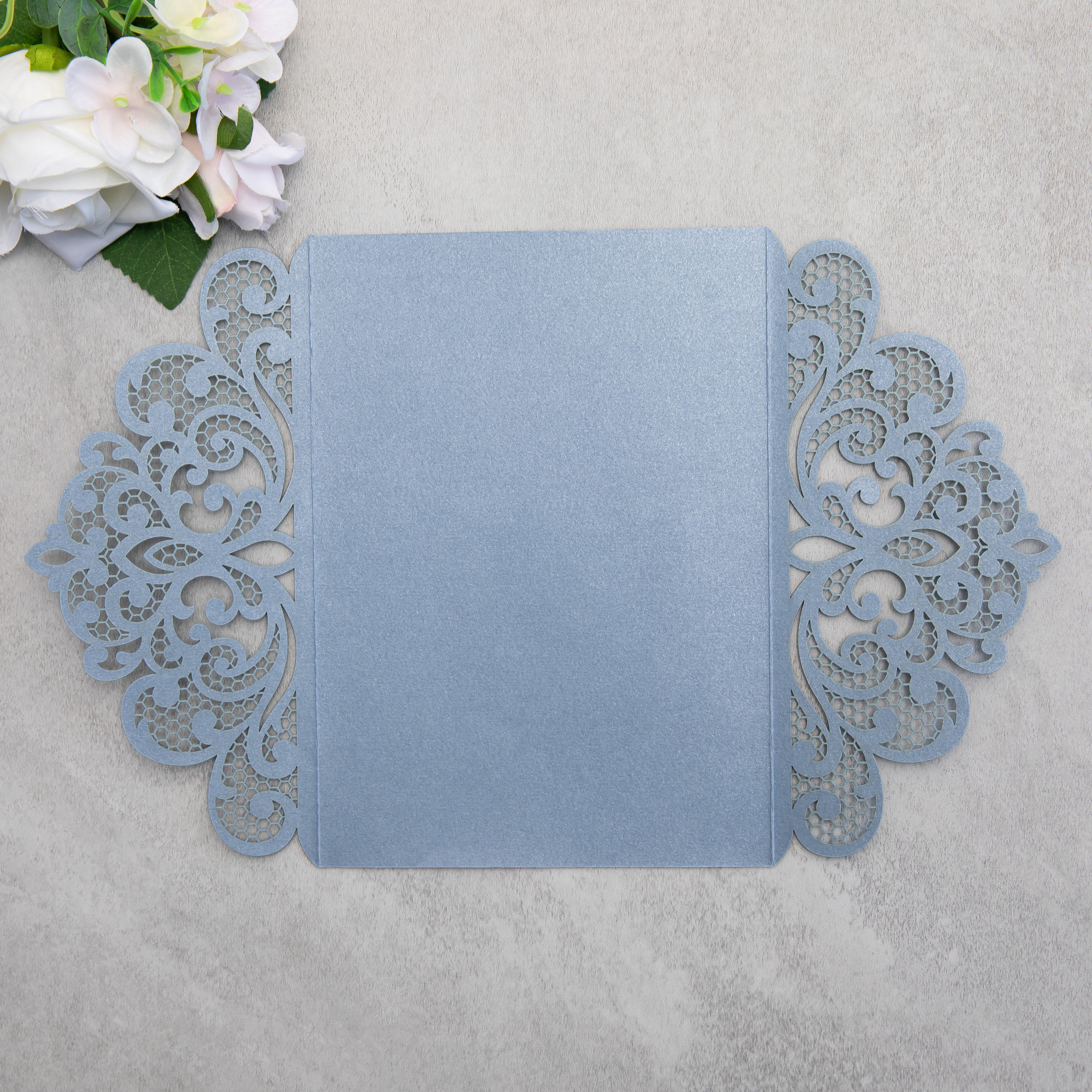 PONATIA 20 PCS Dusty Blue Laser Cut Invitation Cards with Ribbons and Rhinestone Pearls