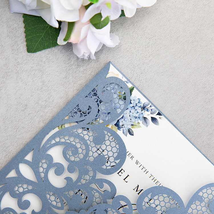 PONATIA 20 PCS Dusty Blue Laser Cut Invitation Cards with Ribbons and Rhinestone Pearls