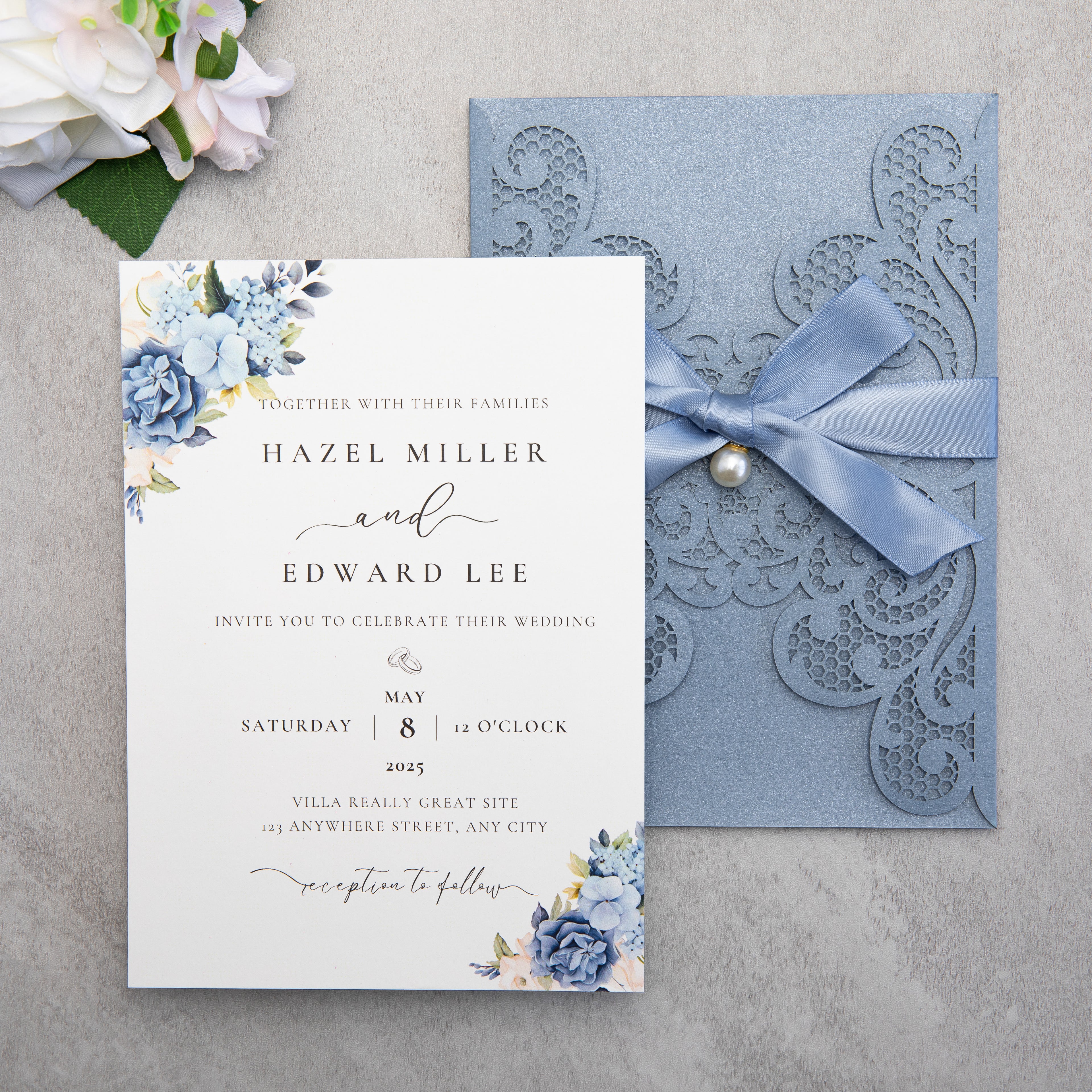 PONATIA 20 PCS Dusty Blue Laser Cut Invitation Cards with Ribbons and Rhinestone Pearls