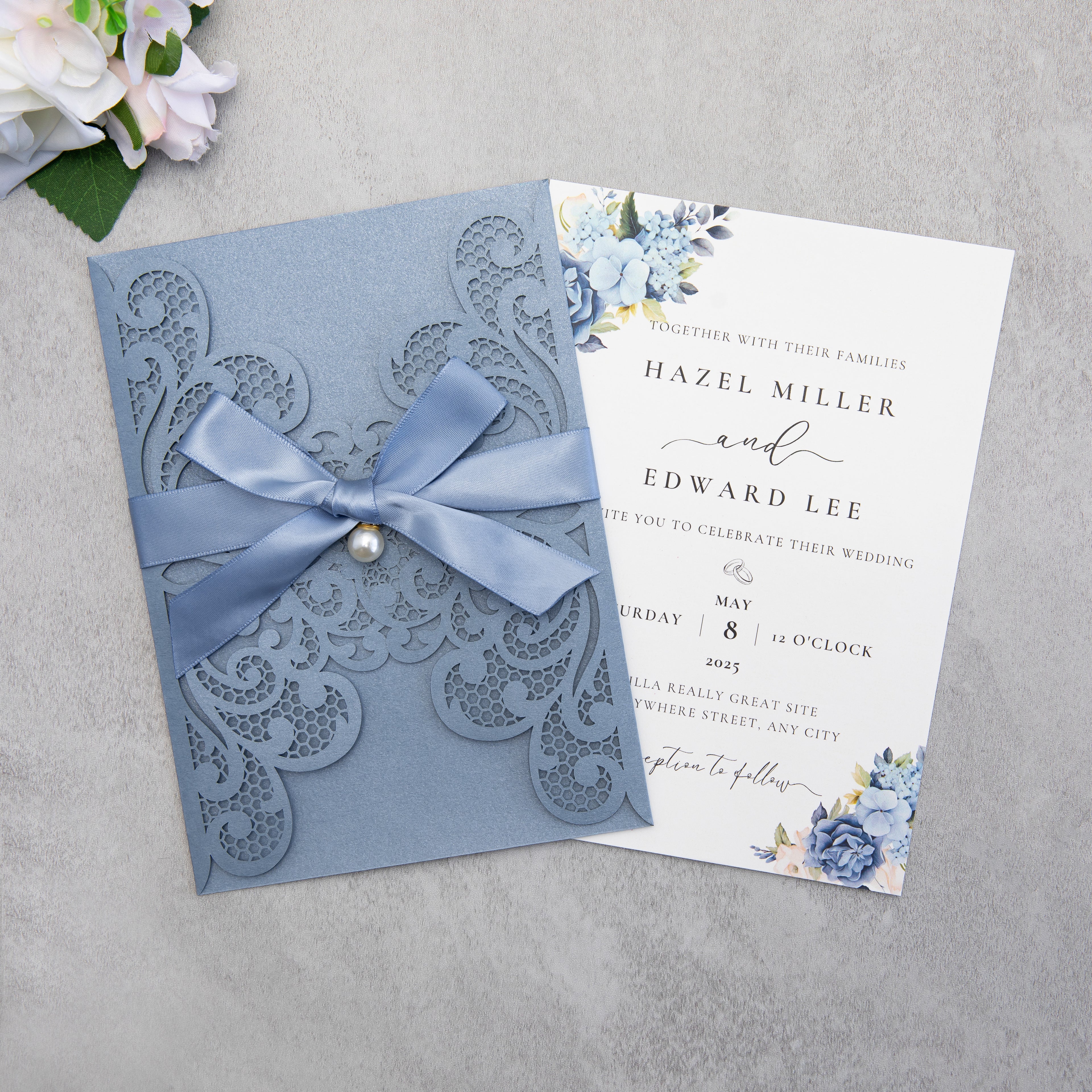 PONATIA 20 PCS Dusty Blue Laser Cut Invitation Cards with Ribbons and Rhinestone Pearls