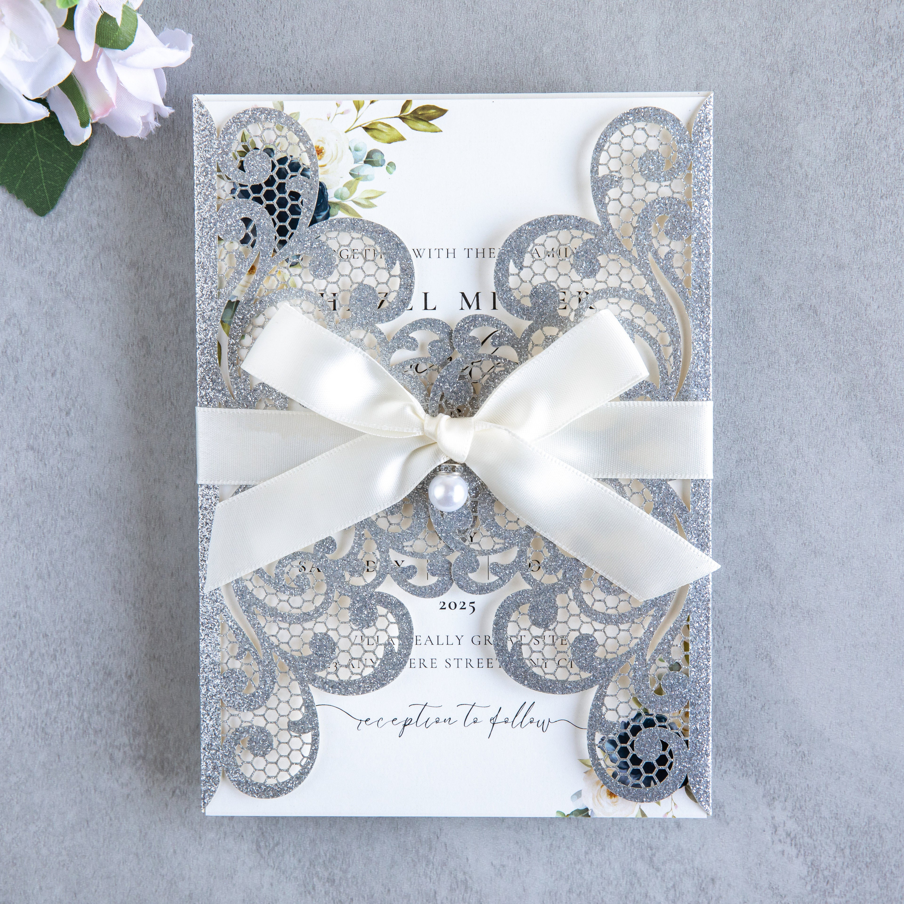 PONATIA 20 PCS Sliver Laser Cut Invitation Cards with Ribbons and Rhinestone Pearls