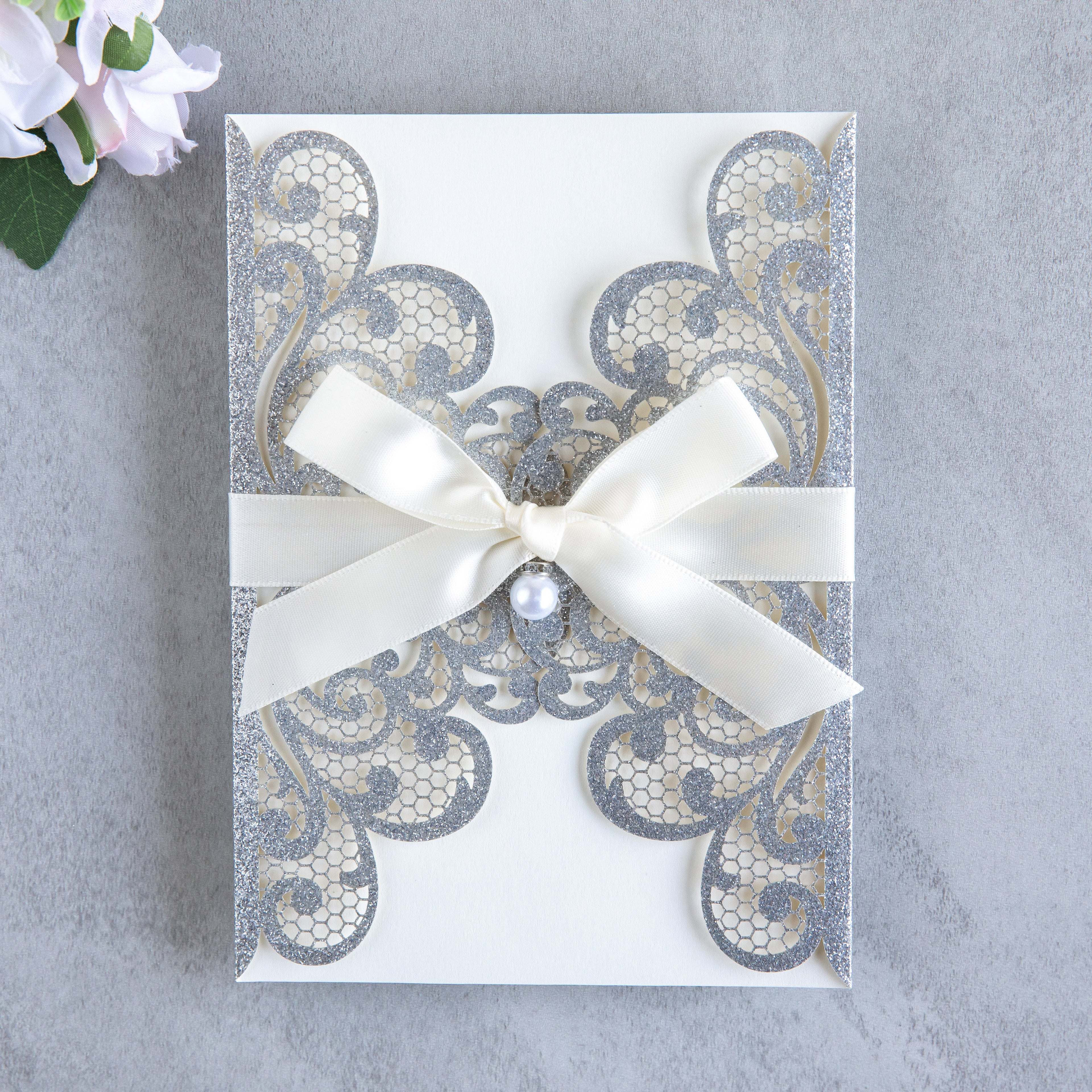 PONATIA 20 PCS Sliver Laser Cut Invitation Cards with Ribbons and Rhinestone Pearls