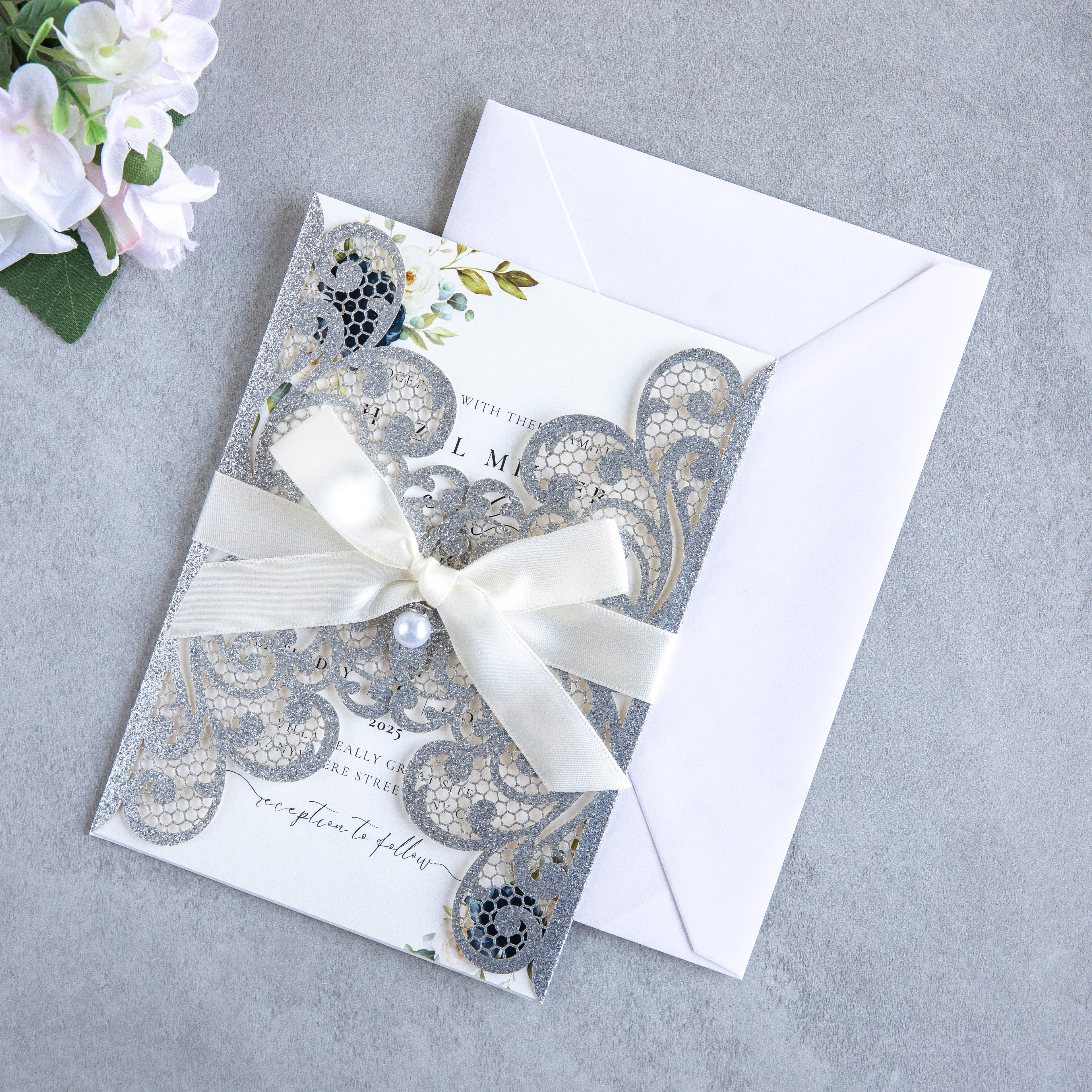 PONATIA 20 PCS Sliver Laser Cut Invitation Cards with Ribbons and Rhinestone Pearls