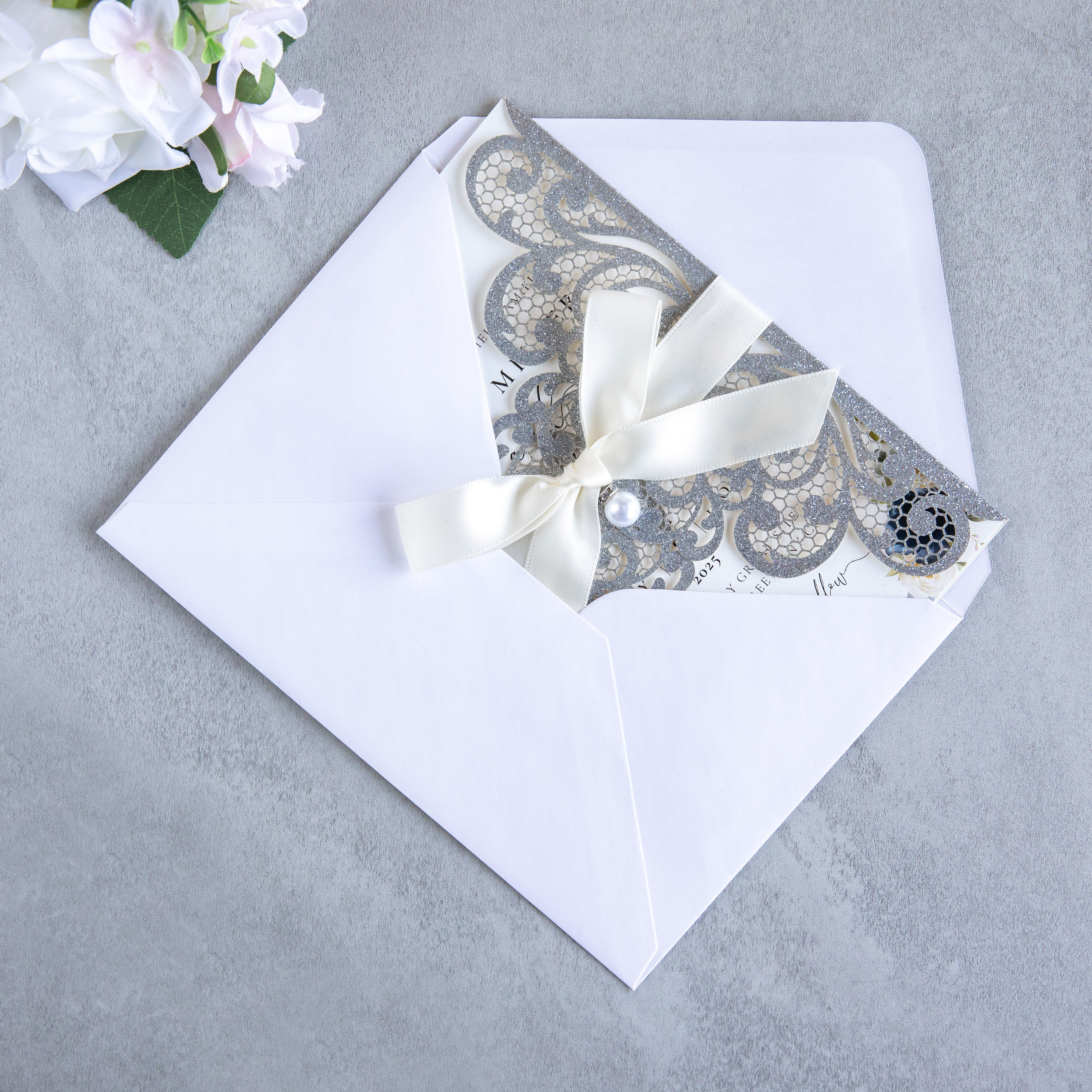 PONATIA 20 PCS Sliver Laser Cut Invitation Cards with Ribbons and Rhinestone Pearls