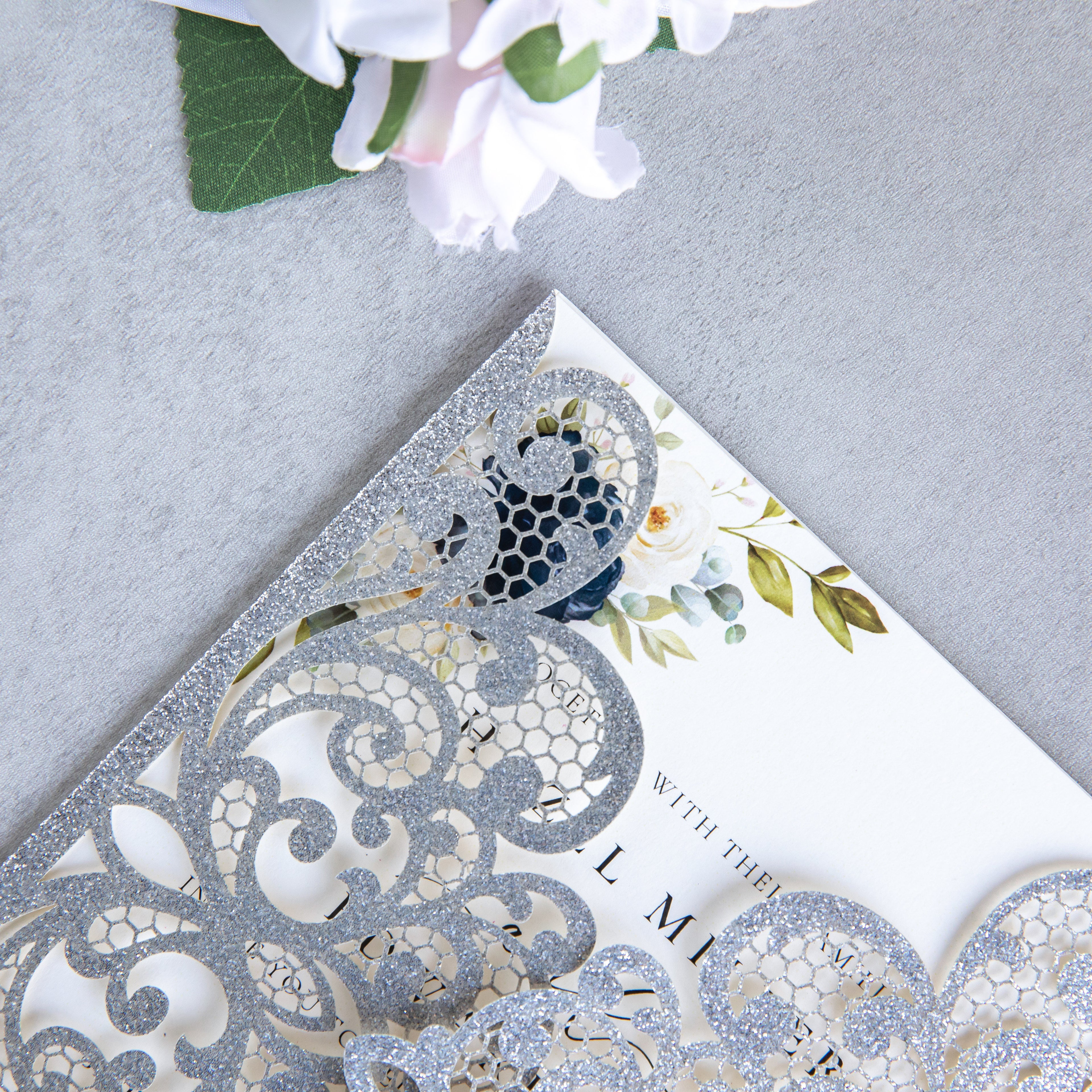 PONATIA 20 PCS Sliver Laser Cut Invitation Cards with Ribbons and Rhinestone Pearls