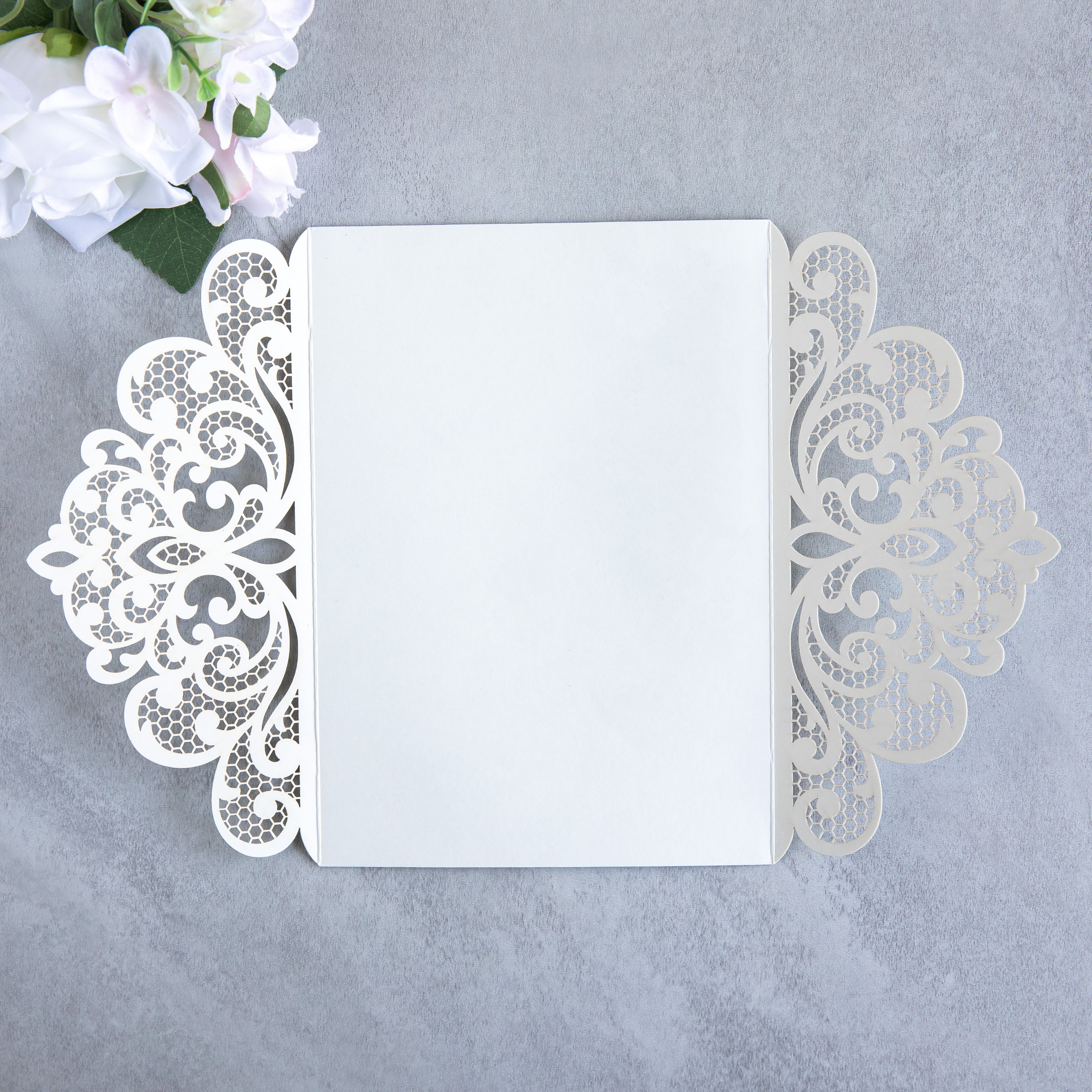 PONATIA 20 PCS Sliver Laser Cut Invitation Cards with Ribbons and Rhinestone Pearls