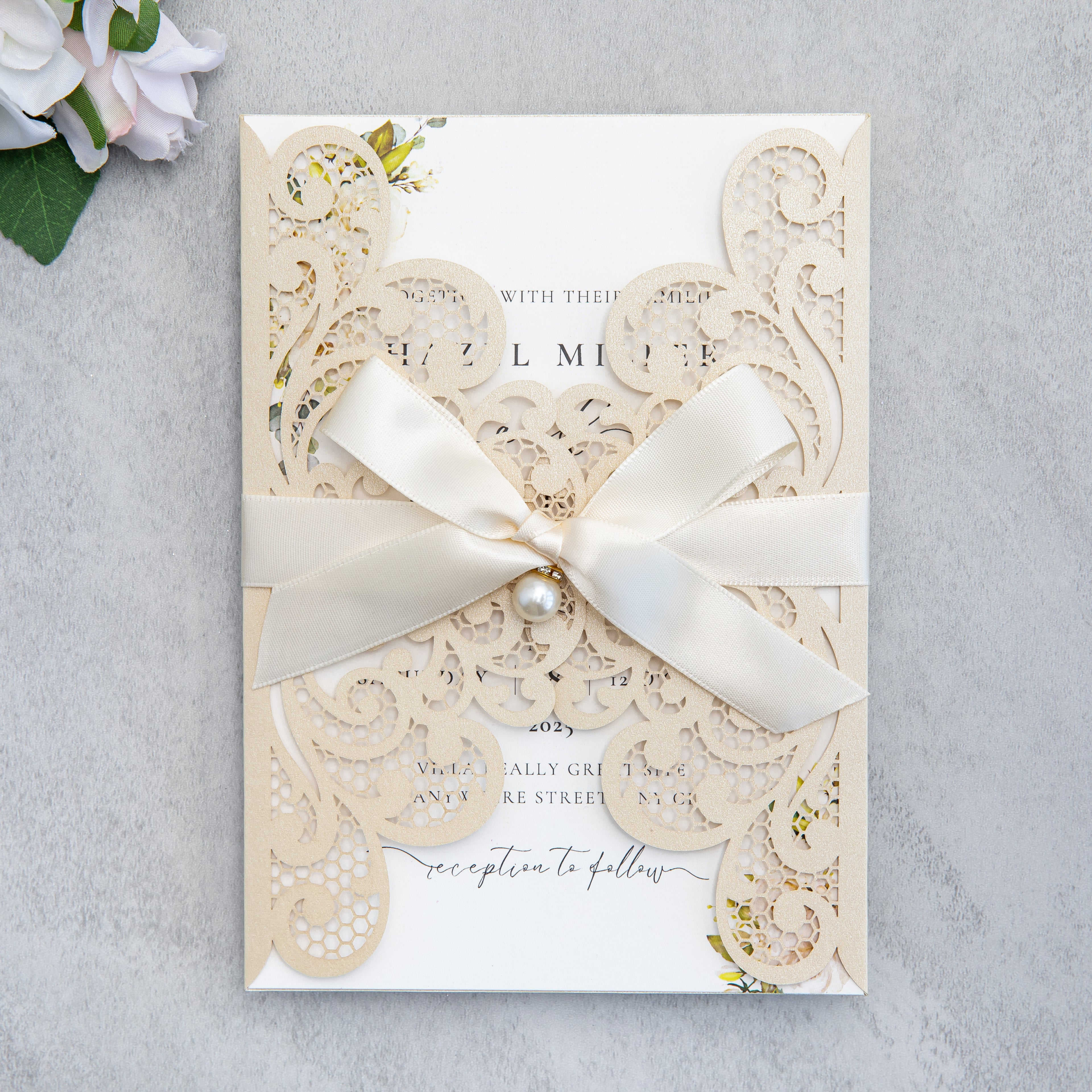 PONATIA 20 PCS Champagne Laser Cut Invitation Cards with Ribbons and Rhinestone Pearls