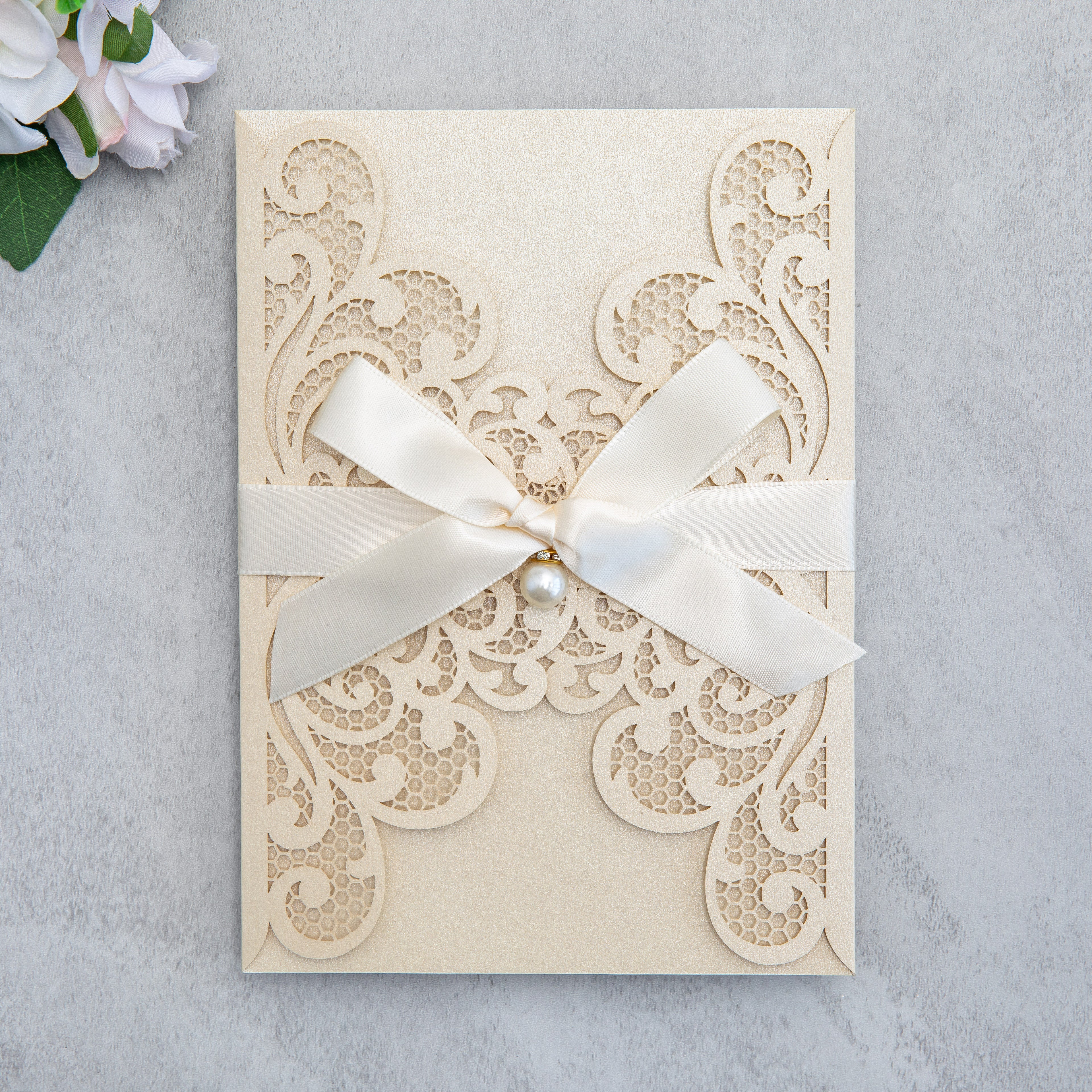 PONATIA 20 PCS Champagne Laser Cut Invitation Cards with Ribbons and Rhinestone Pearls