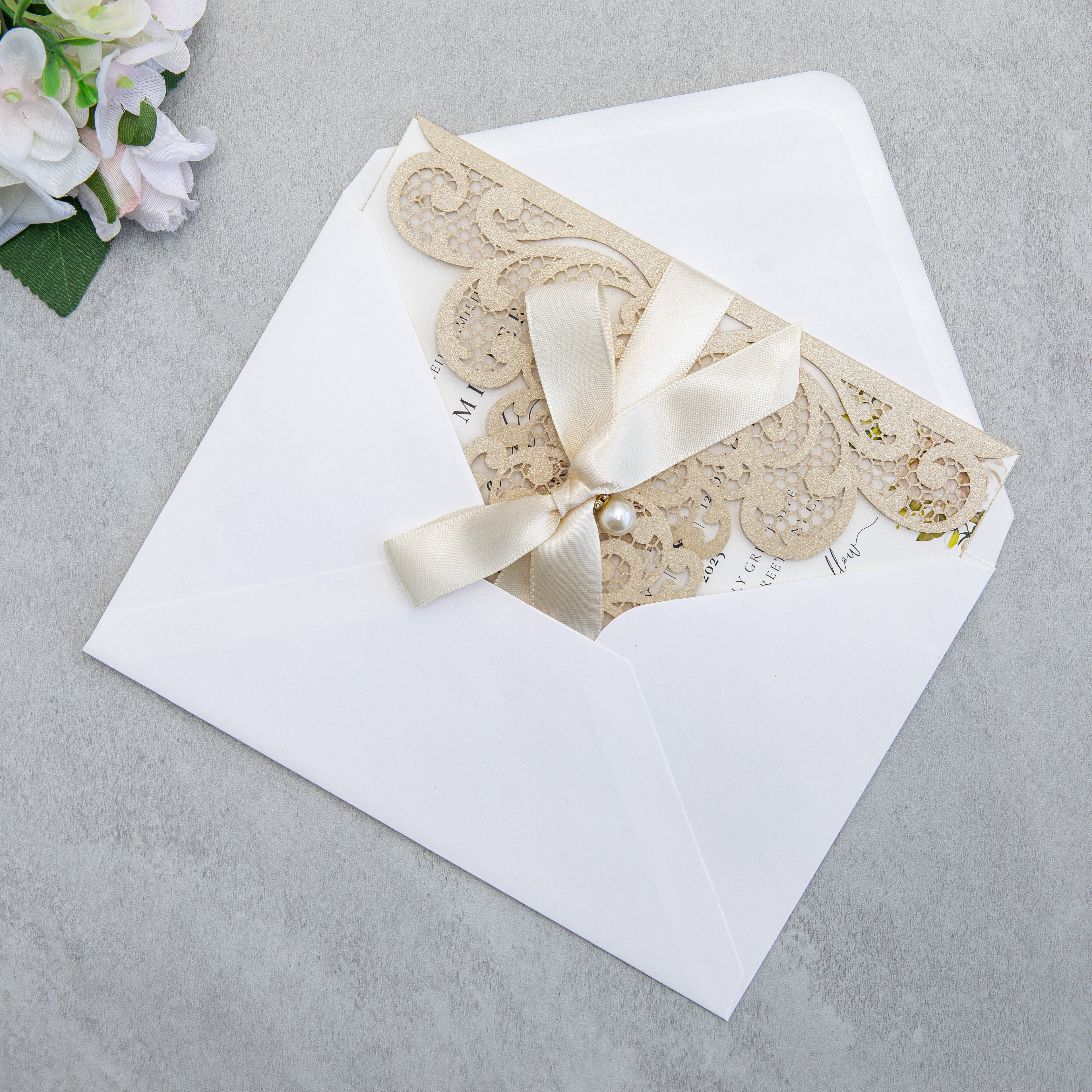 PONATIA 20 PCS Champagne Laser Cut Invitation Cards with Ribbons and Rhinestone Pearls