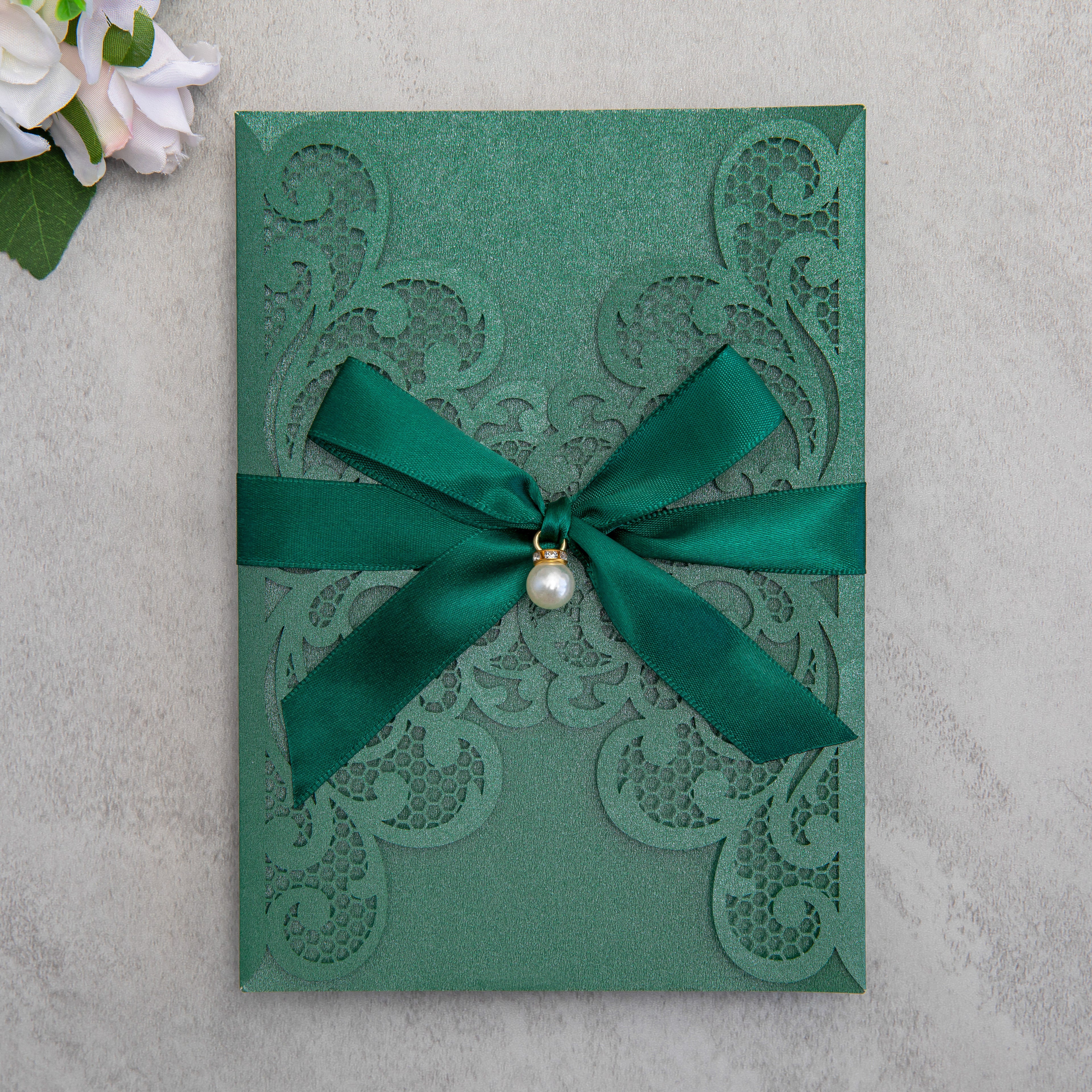 PONATIA 20 PCS Emerald Green Laser Cut Invitation Cards with Ribbons and Rhinestone Pearls