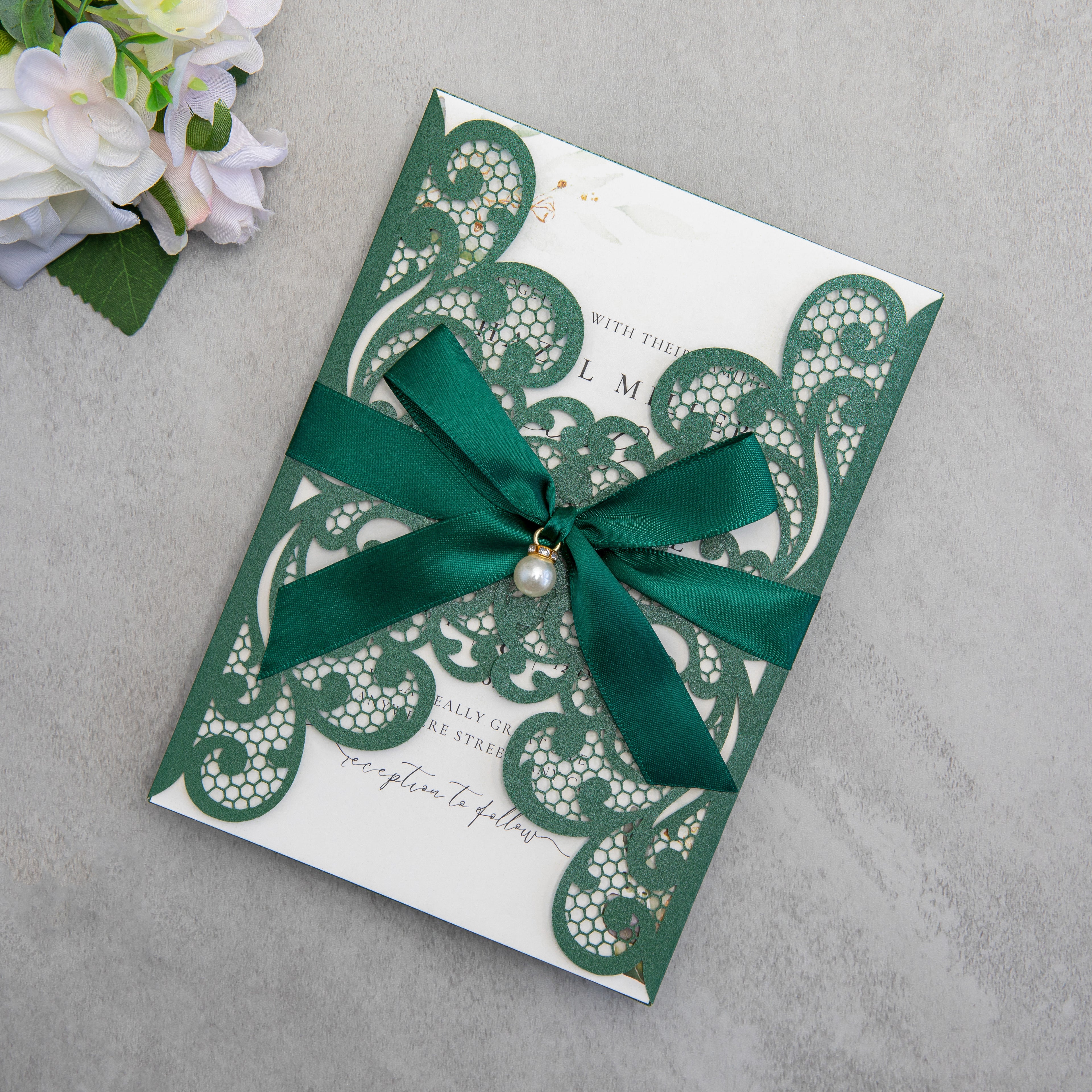 PONATIA 20 PCS Emerald Green Laser Cut Invitation Cards with Ribbons and Rhinestone Pearls