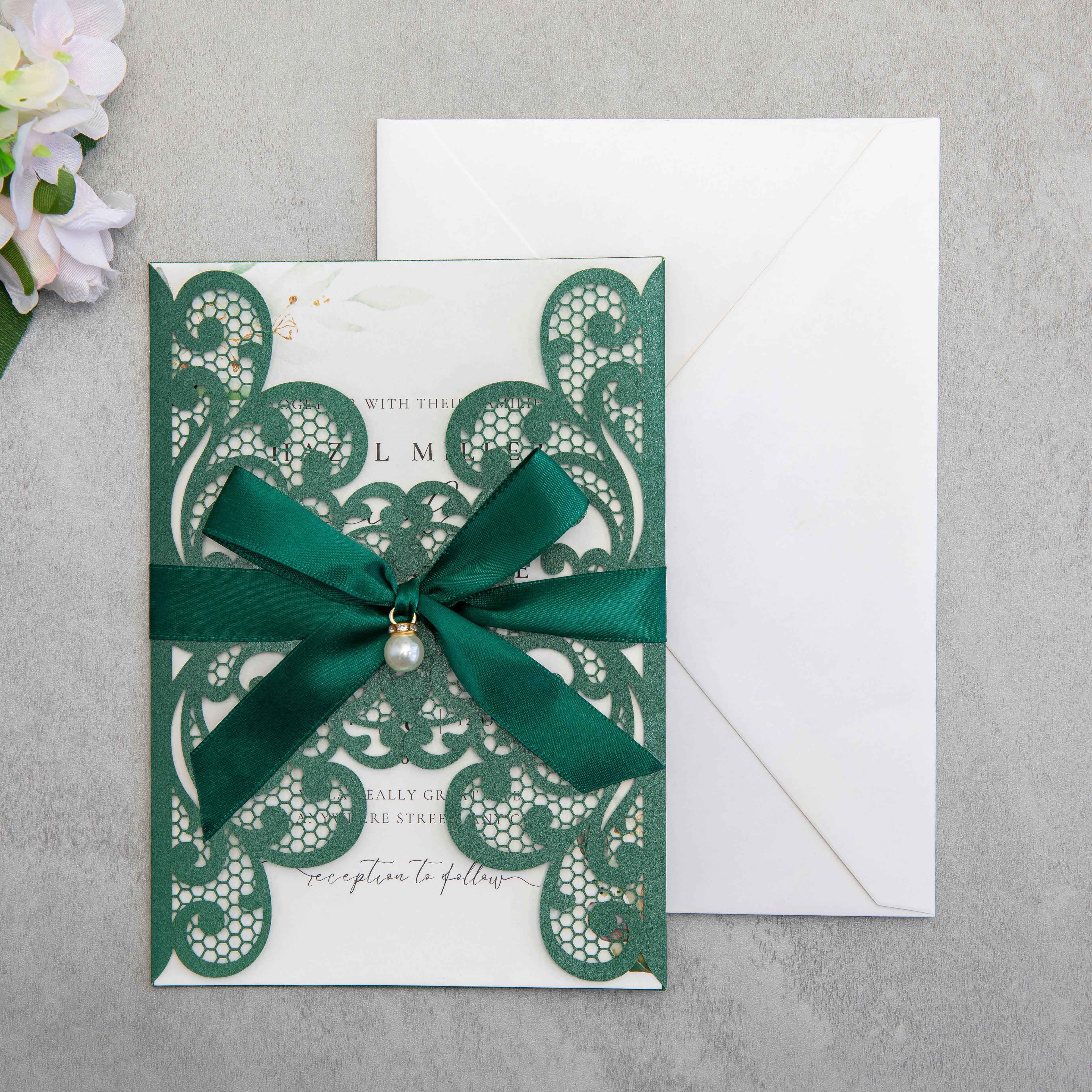 PONATIA 20 PCS Emerald Green Laser Cut Invitation Cards with Ribbons and Rhinestone Pearls