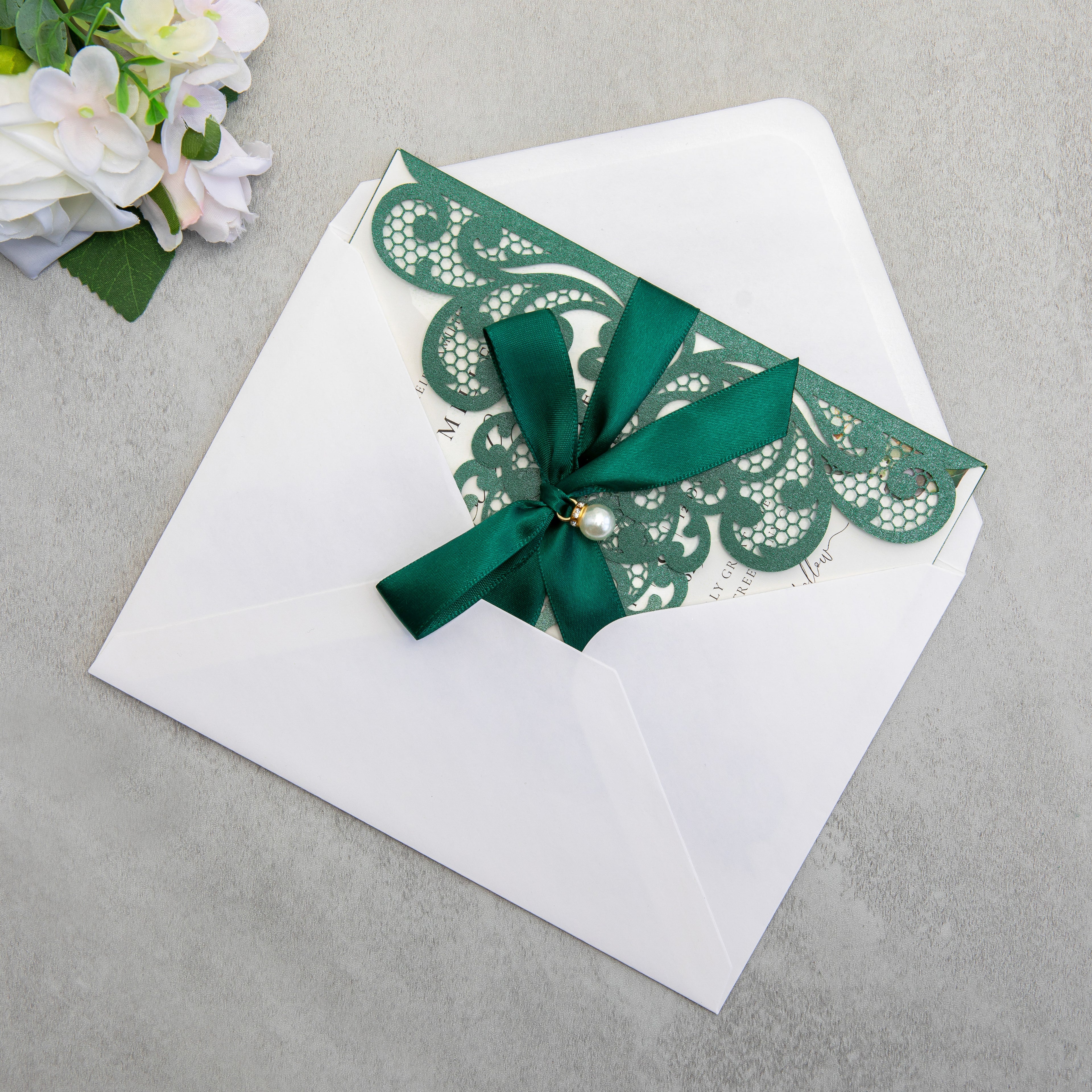 PONATIA 20 PCS Emerald Green Laser Cut Invitation Cards with Ribbons and Rhinestone Pearls
