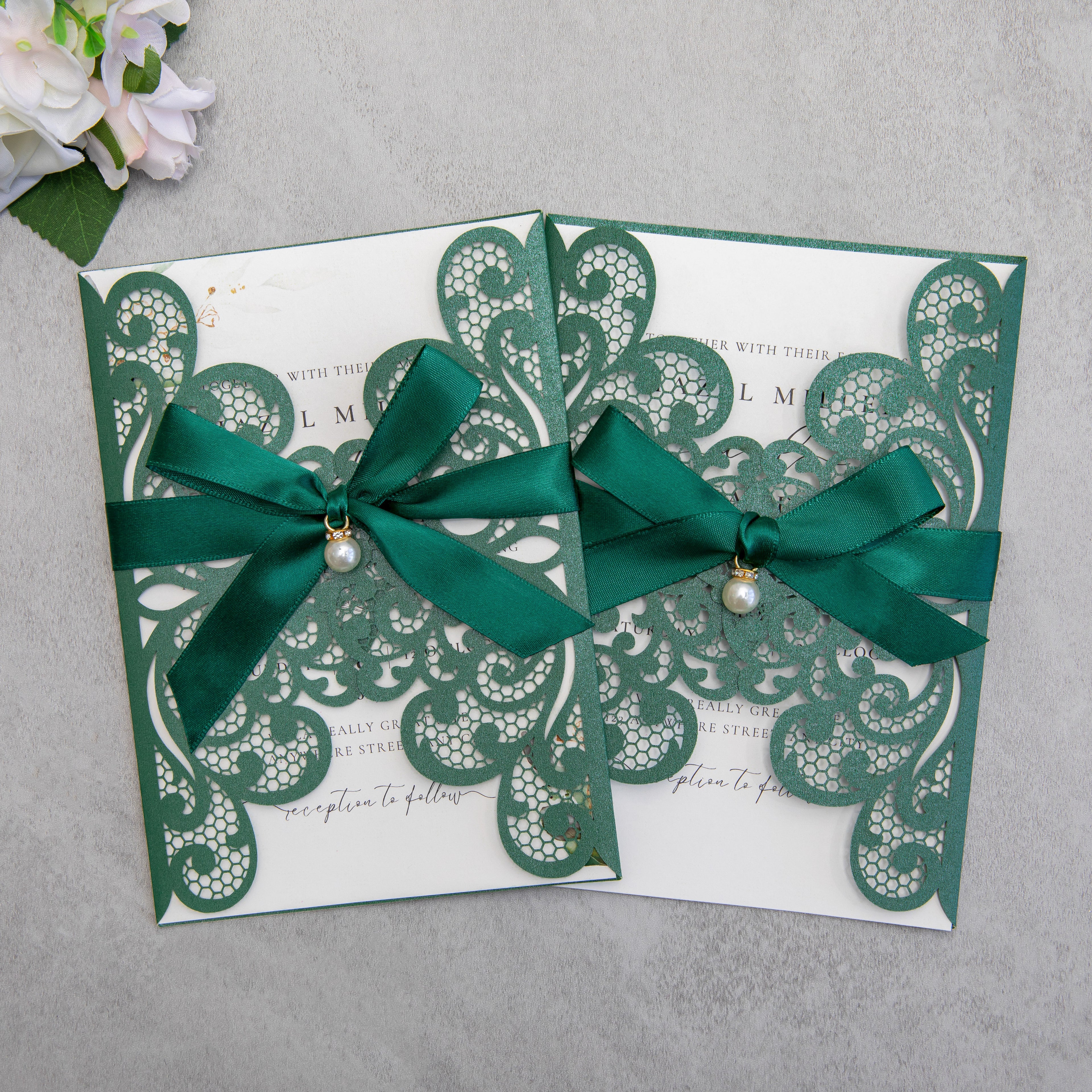 PONATIA 20 PCS Emerald Green Laser Cut Invitation Cards with Ribbons and Rhinestone Pearls