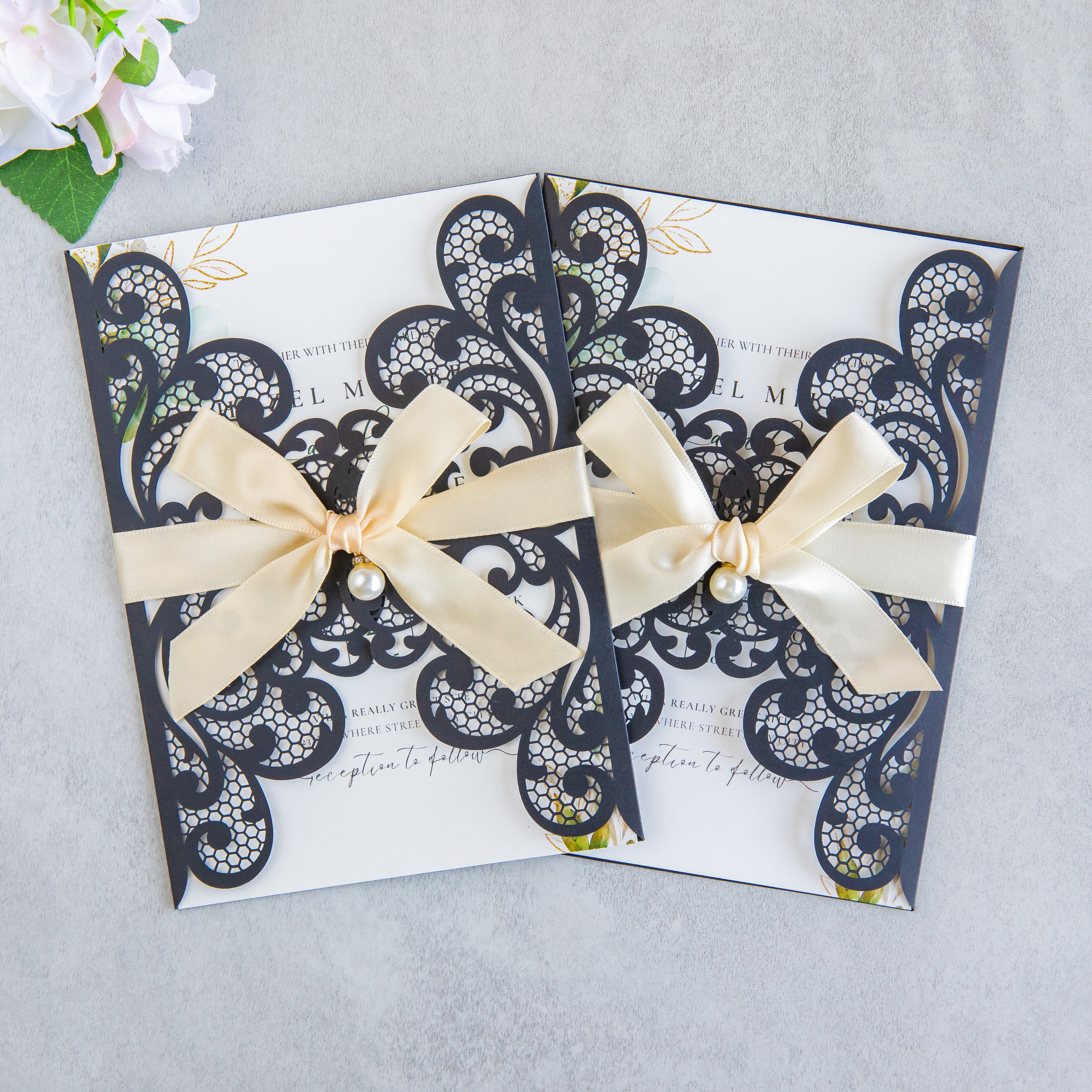 PONATIA 20 PCS Black Laser Cut Invitation Cards with Ribbons and Rhinestone Pearls