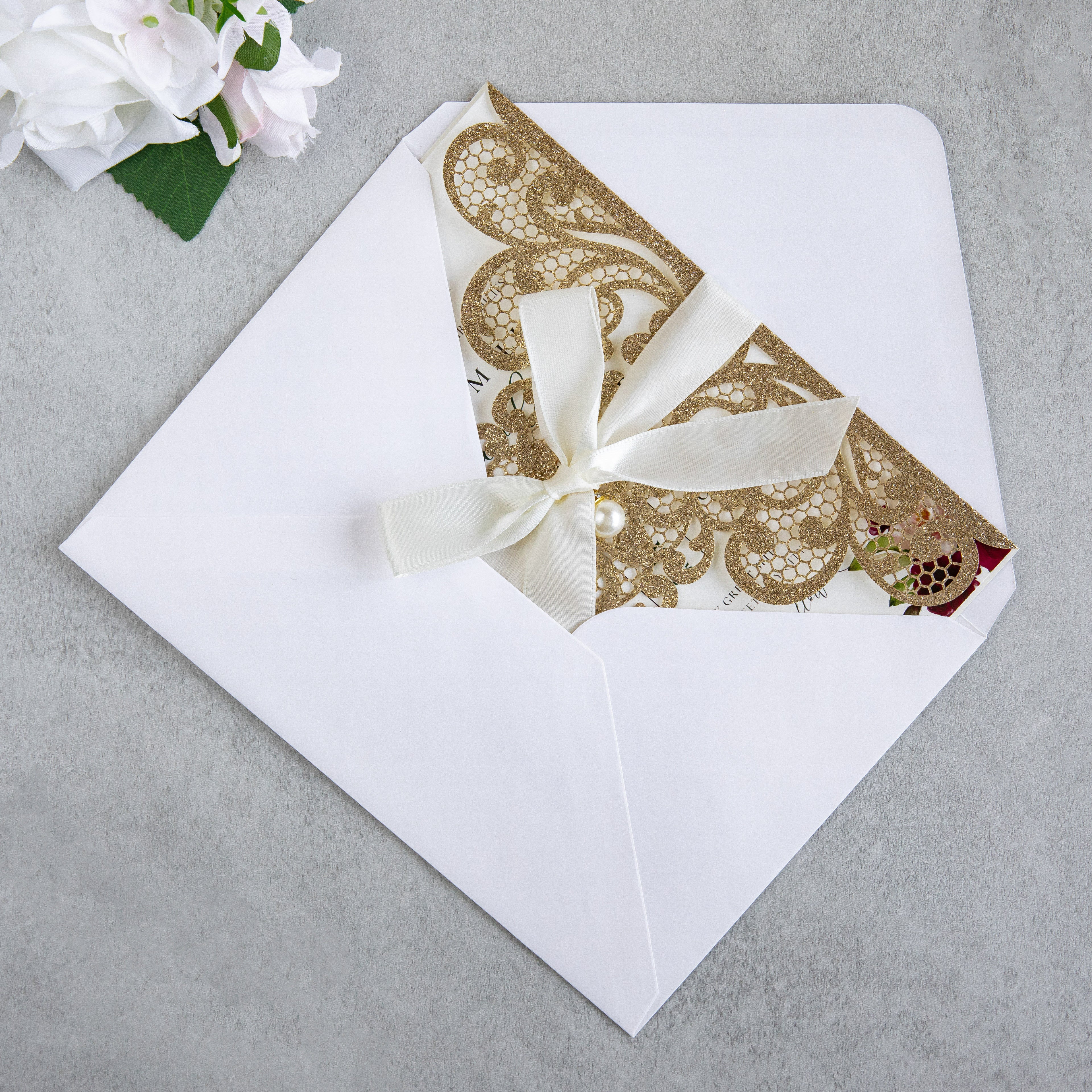 PONATIA 20 PCS Gold Glitter Laser Cut Invitation Cards with Ribbons and Rhinestone Pearls