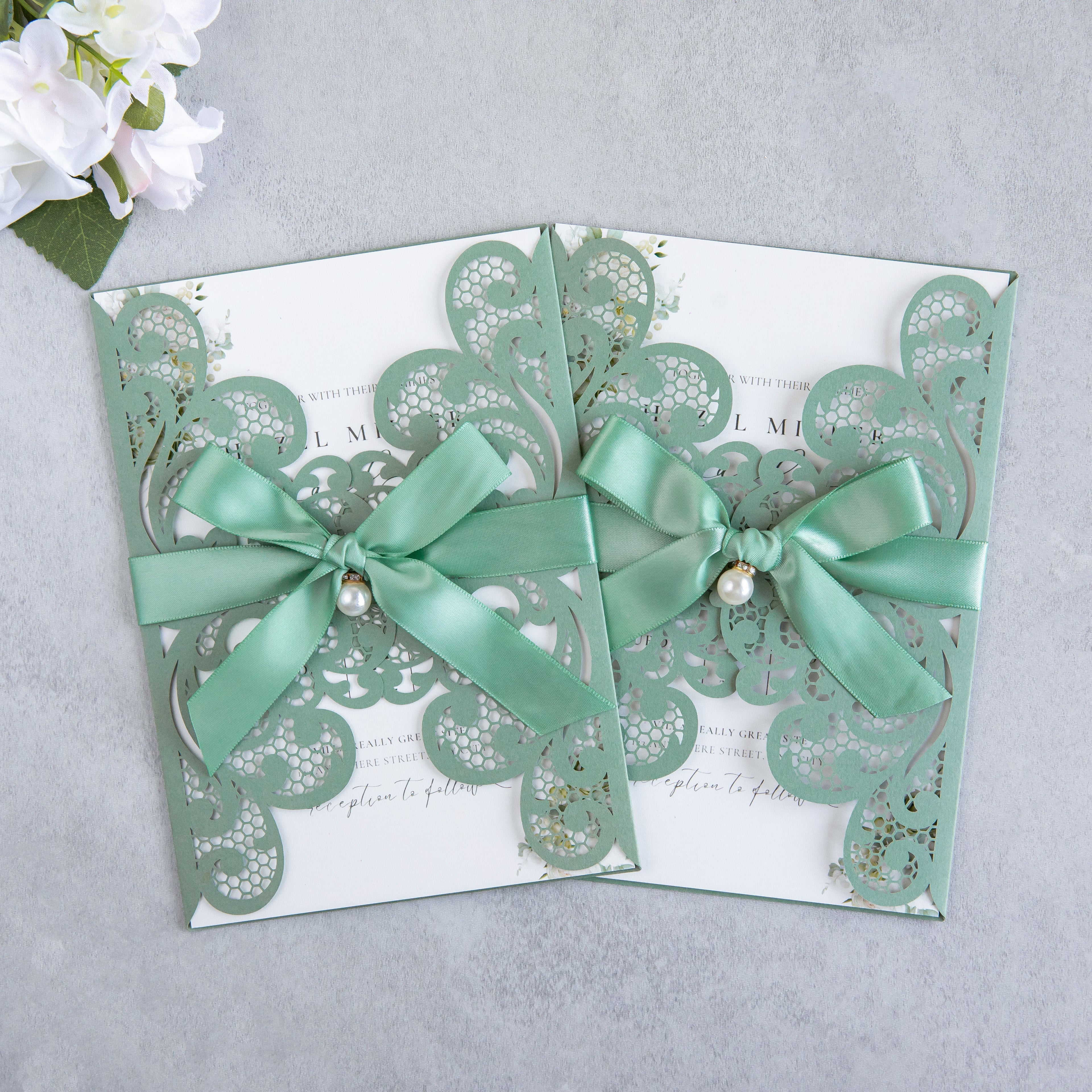 PONATIA 20 PCS Sage Green Laser Cut Invitation Cards with Ribbons and Rhinestone Pearls